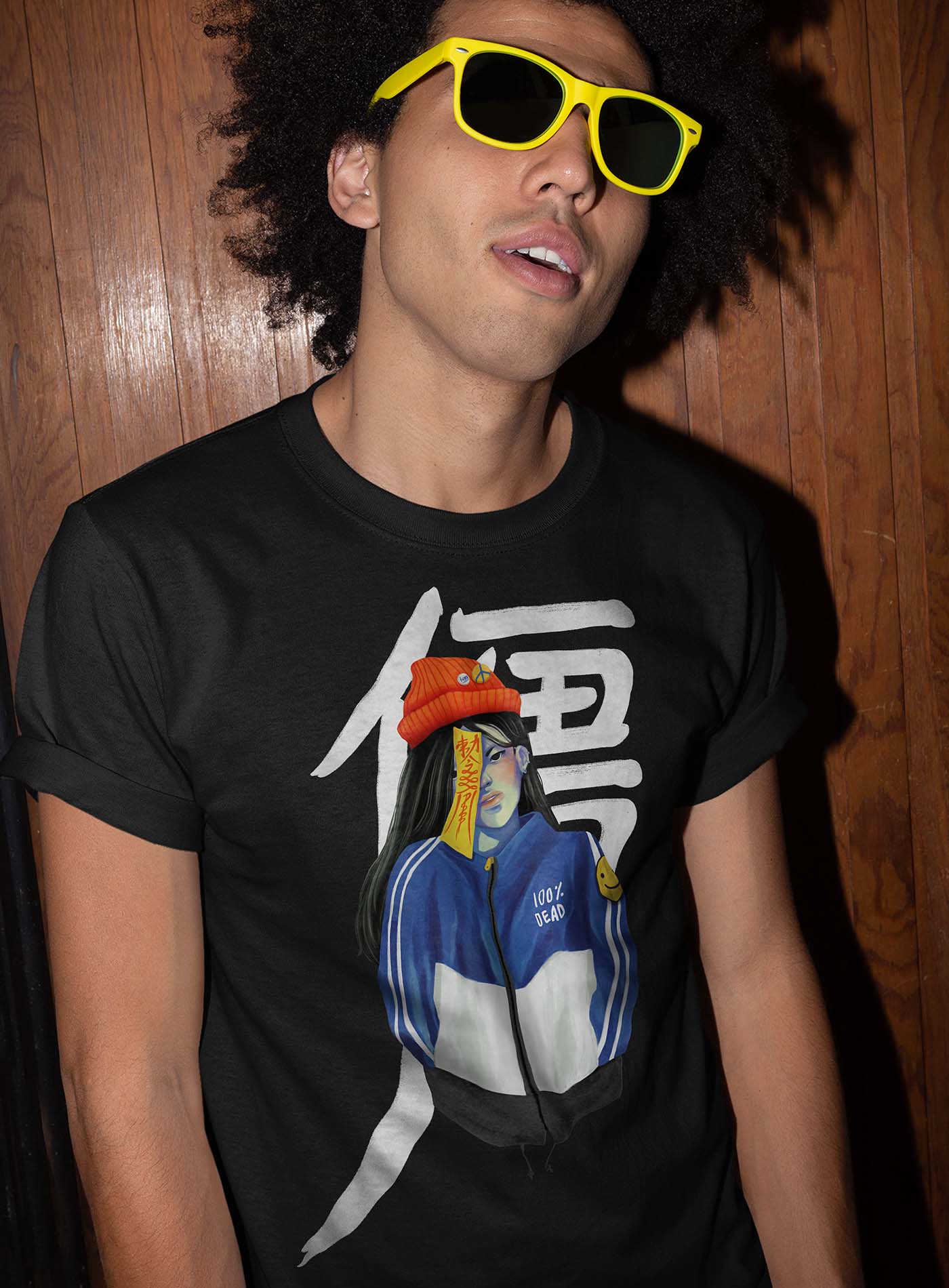 man modeling a Heather black unisex t-shirt featuring a front print of a jiangshi Chinese zombie in urban outfit illustrated by Aiken Lao.