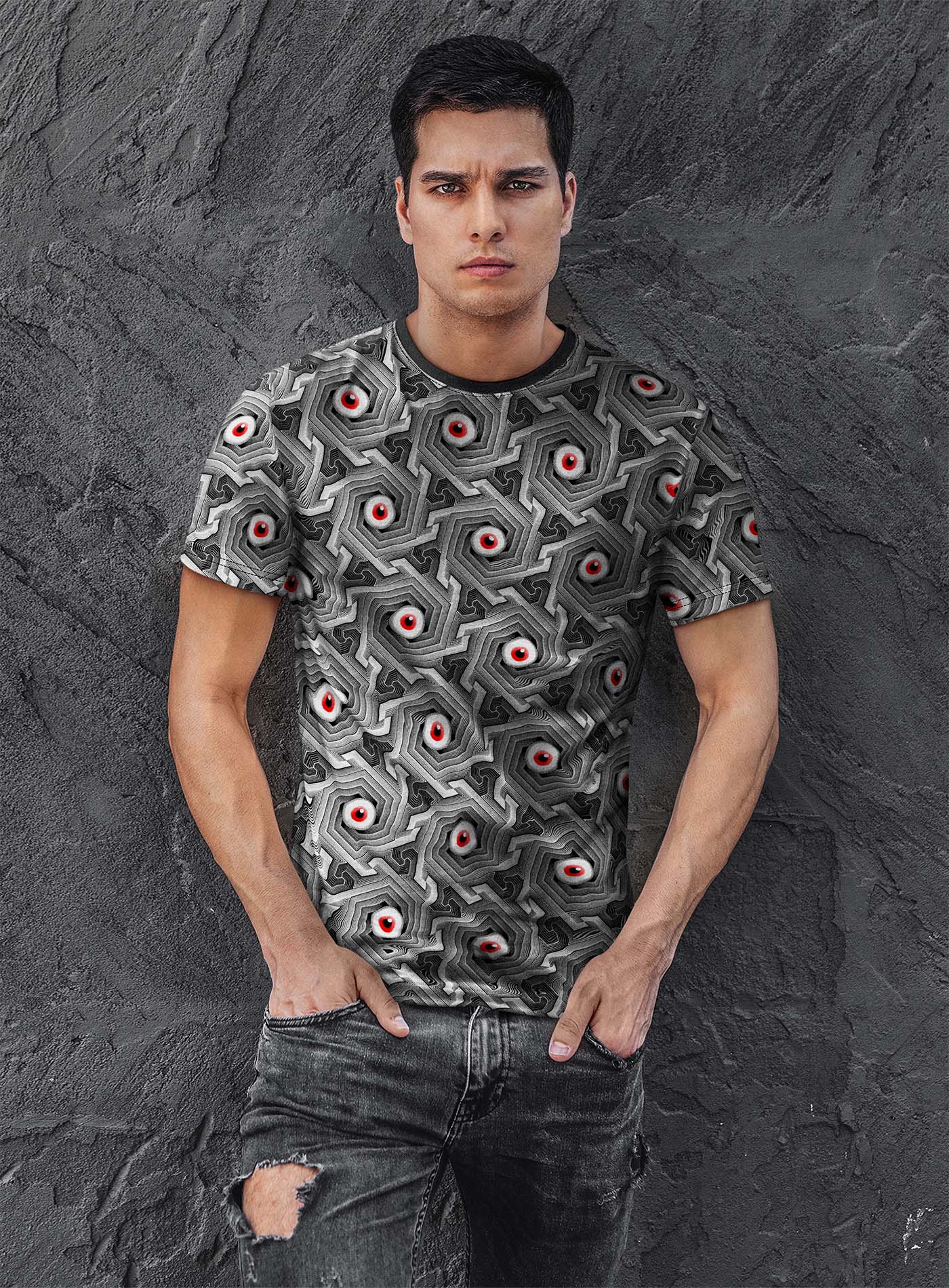 Man modeling an All over dye sublimation t-shirt featuring a pattern of red zombie eyes inspired by islamic ornamental art by Topo.