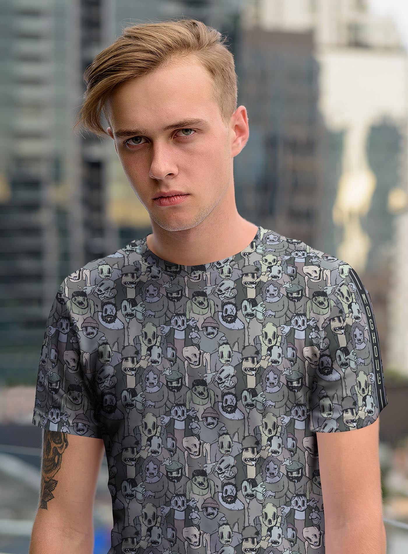 Man modeling an All over dye sublimation t-shirt featuring retro illustrated zombies by Sasha Sidorovich.