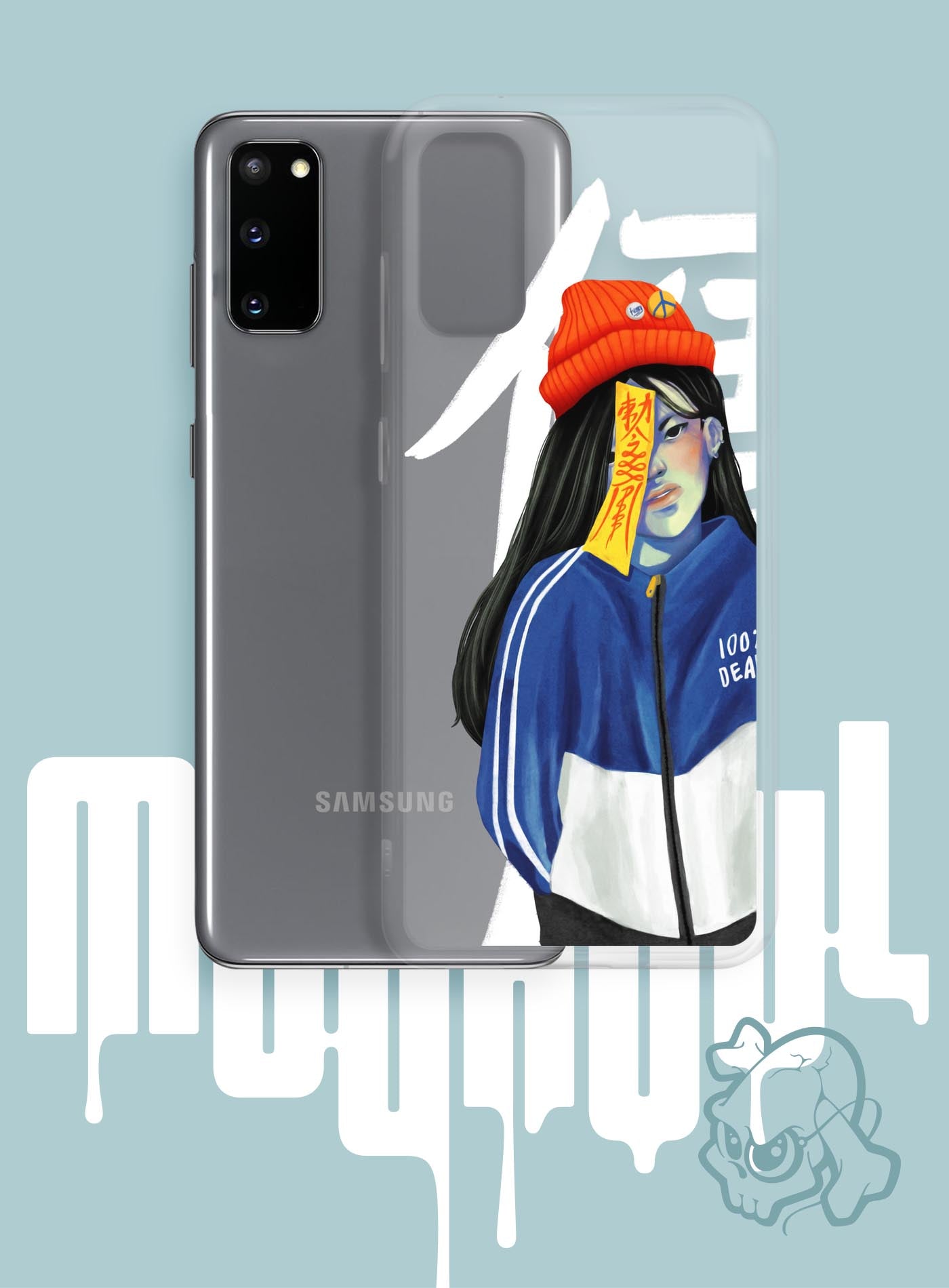 Samsung case featuring a front print of a jiangshi Chinese zombie in urban outfit illustrated by Aiken Lao.
