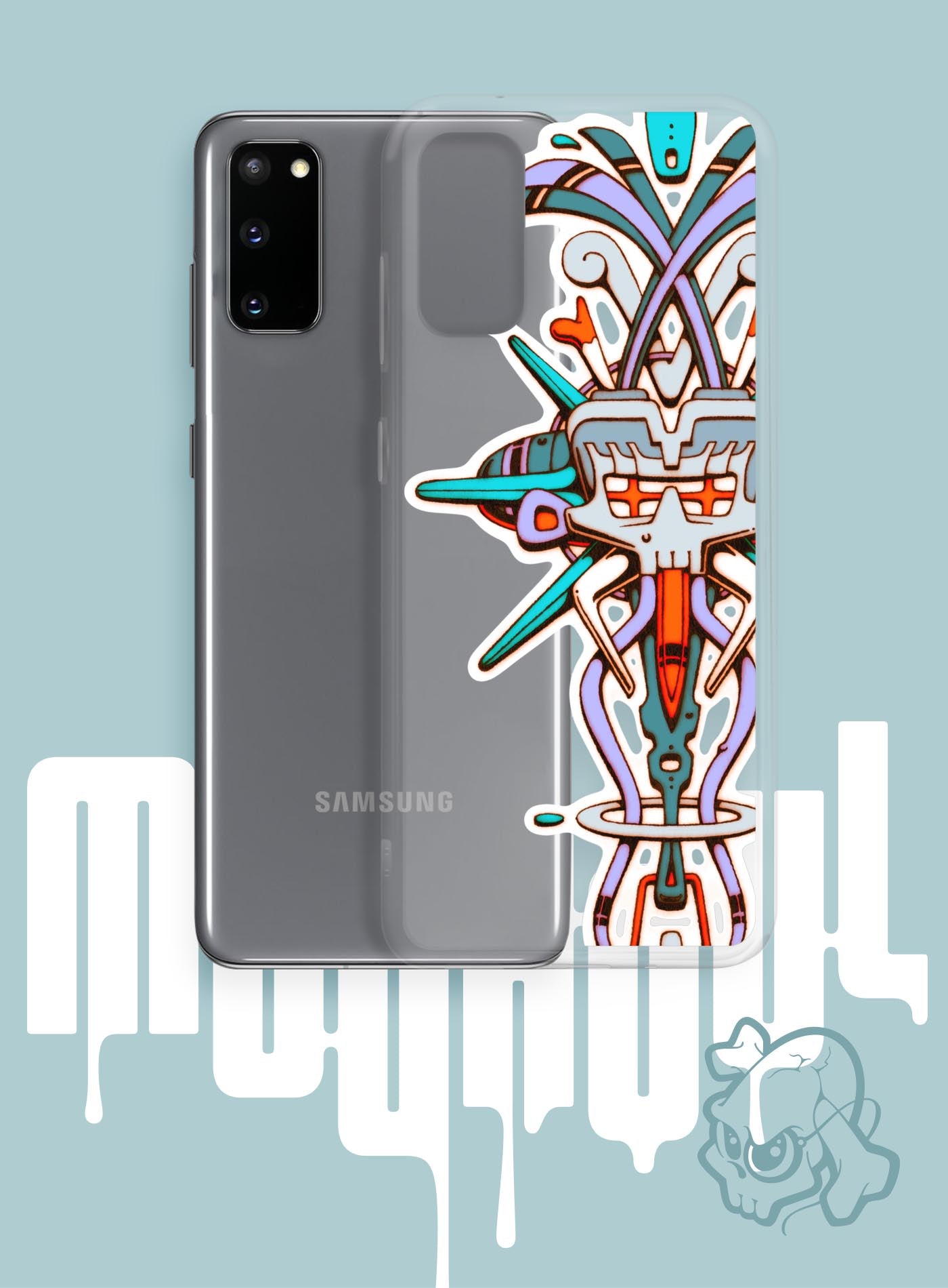 Samsung phone case featuring a front print of Tzontecotl, the Nahua word for skull, associated with a mask that submerged the wearer into the underworld. illustrated by G.M. Meave.