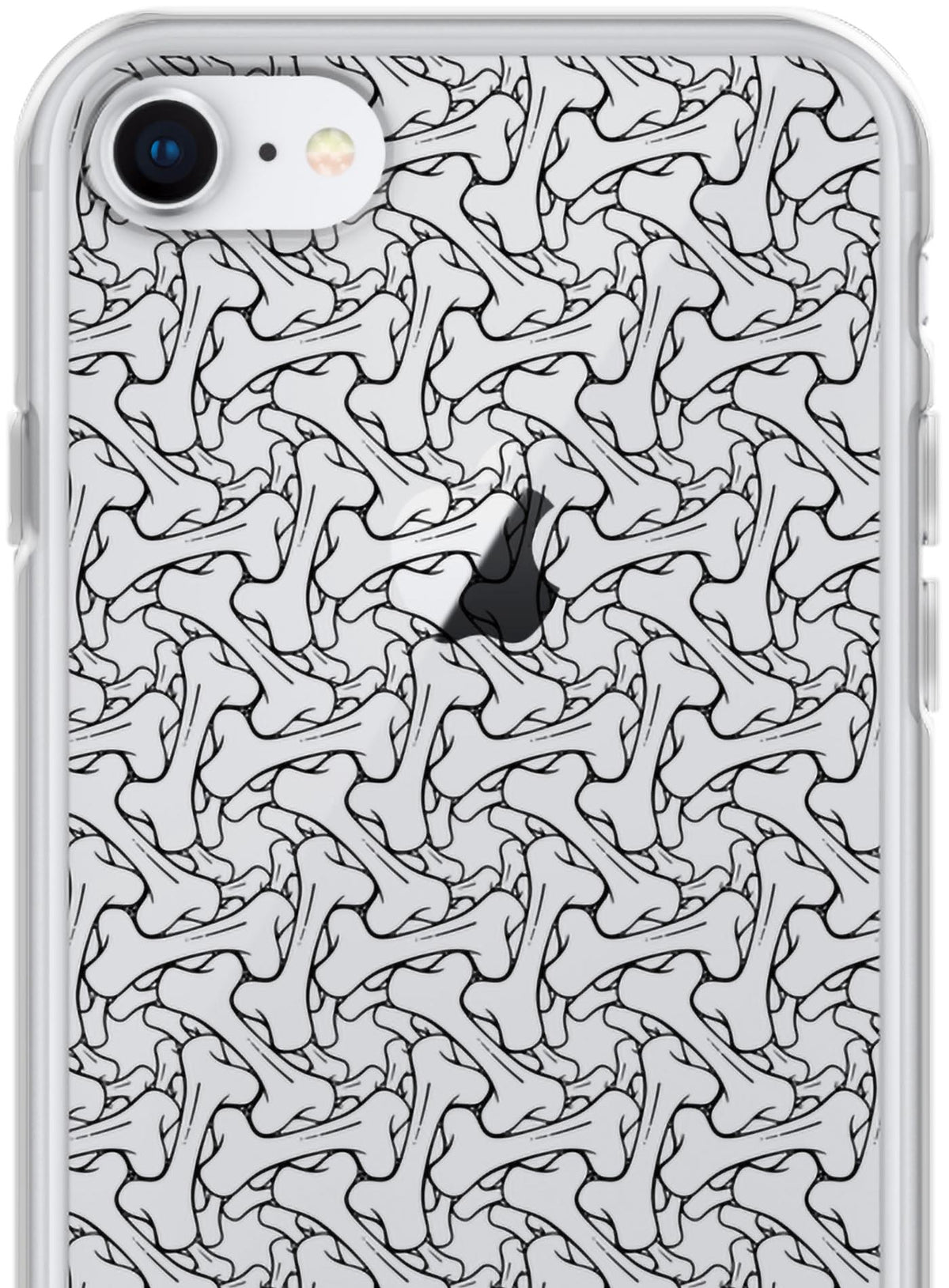 Detail of iPhone case featuring a patter of bones based on Islamic ornamental art in white color.