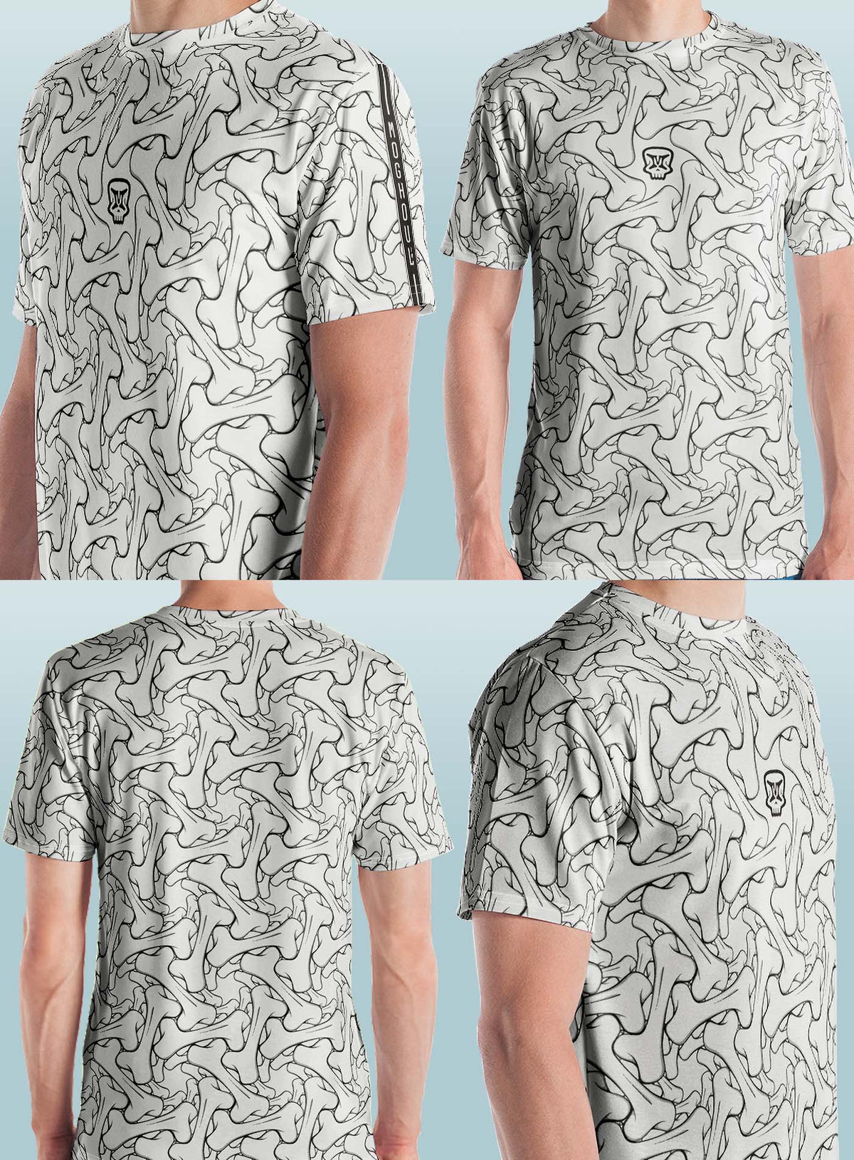 Different views of all over dye sublimation t-shirt featuring the Moghoul symbol surrounded by a patter of bones based on Islamic ornamental art.