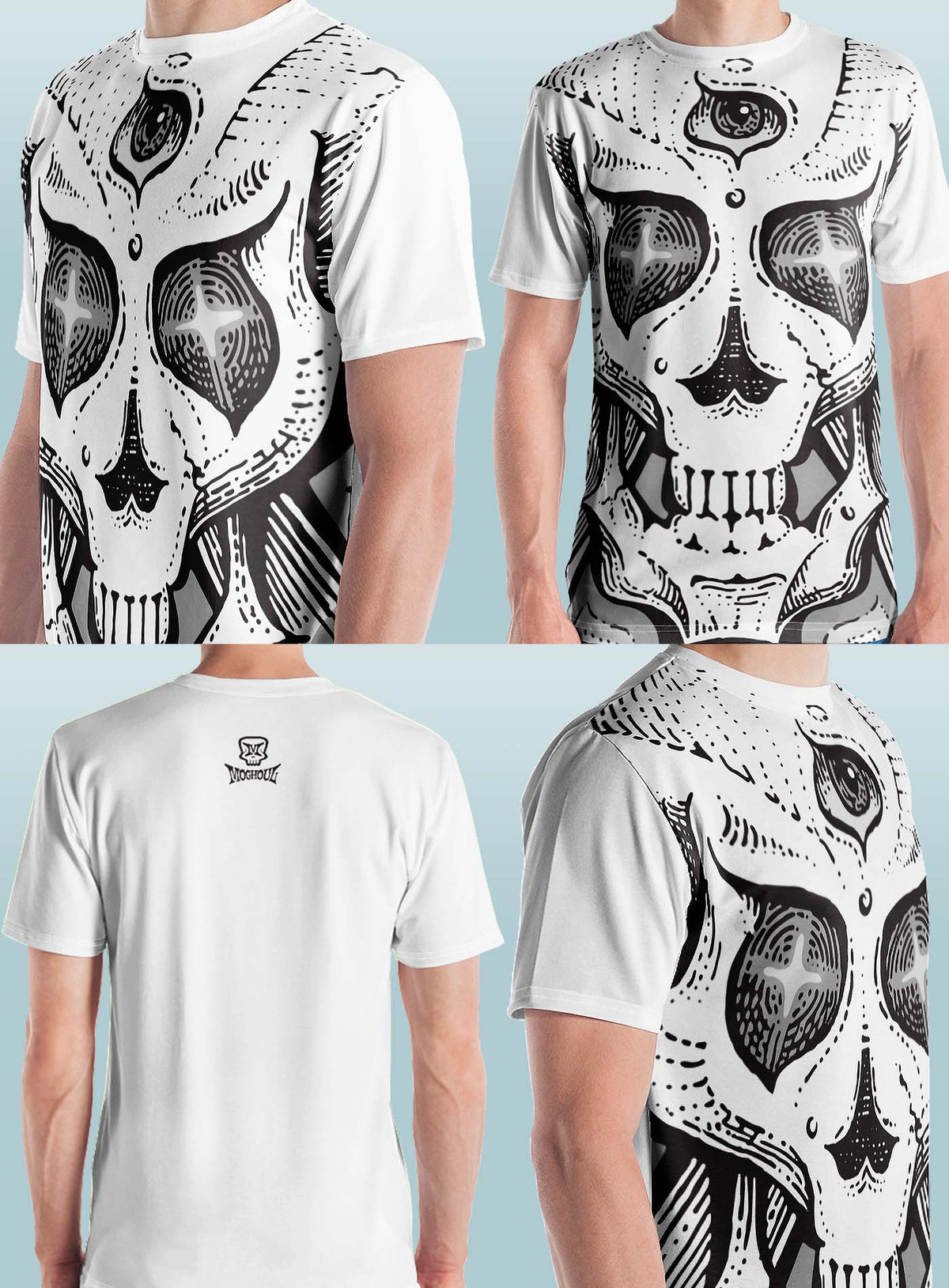 Different views of All over dye sublimation t-shirt featuring a front print of a three-bone alien Jolly Roger pirate illustration by G.M. Meave.