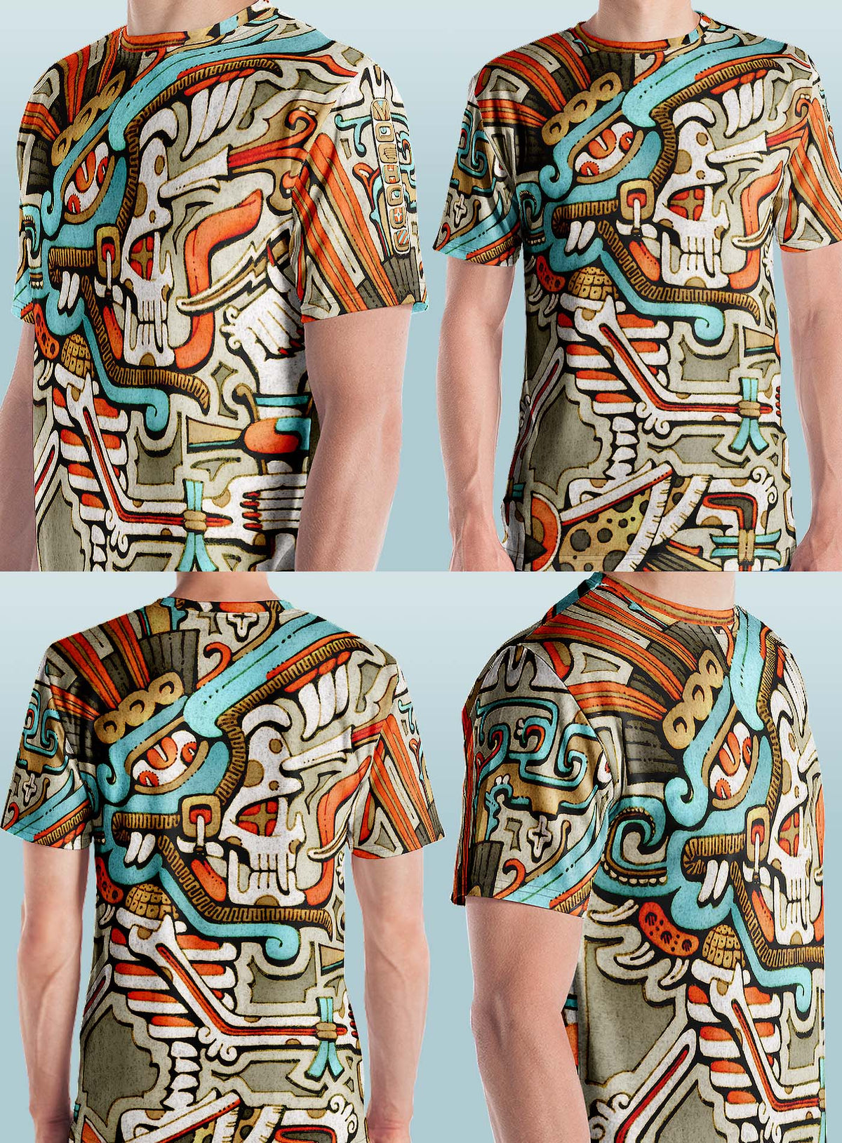 Different views of All over dye sublimation t-shirt featuring an illustration of the Aztec god Tezcatlipoca by G.M. Meave.