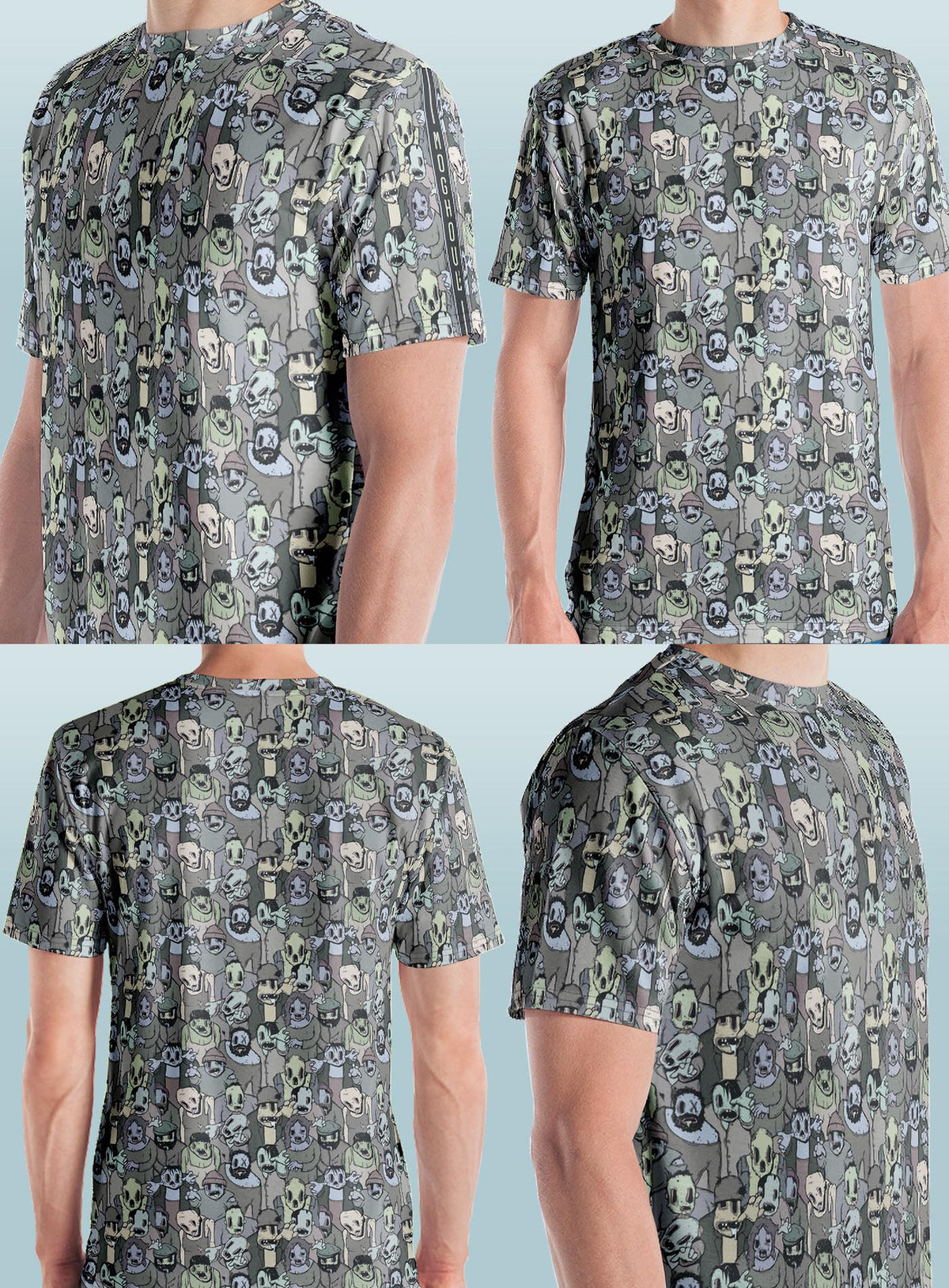 Different views from all over dye sublimation t-shirt featuring retro illustrated zombies by Sasha Sidorovich.