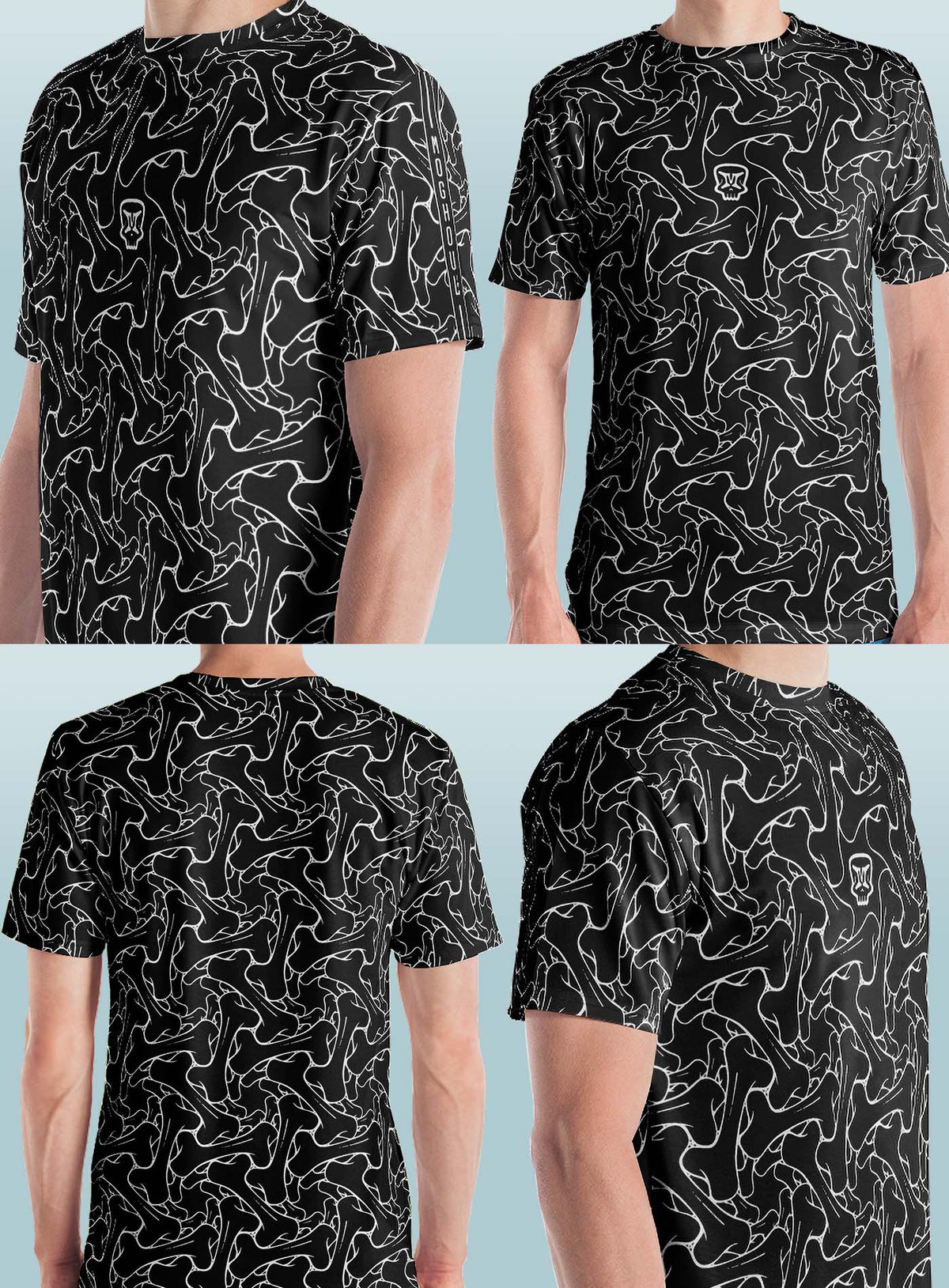 Different views of an  all over dye sublimation t-shirt featuring the Moghoul symbol surrounded by a patter of bones based on Islamic ornamental art.