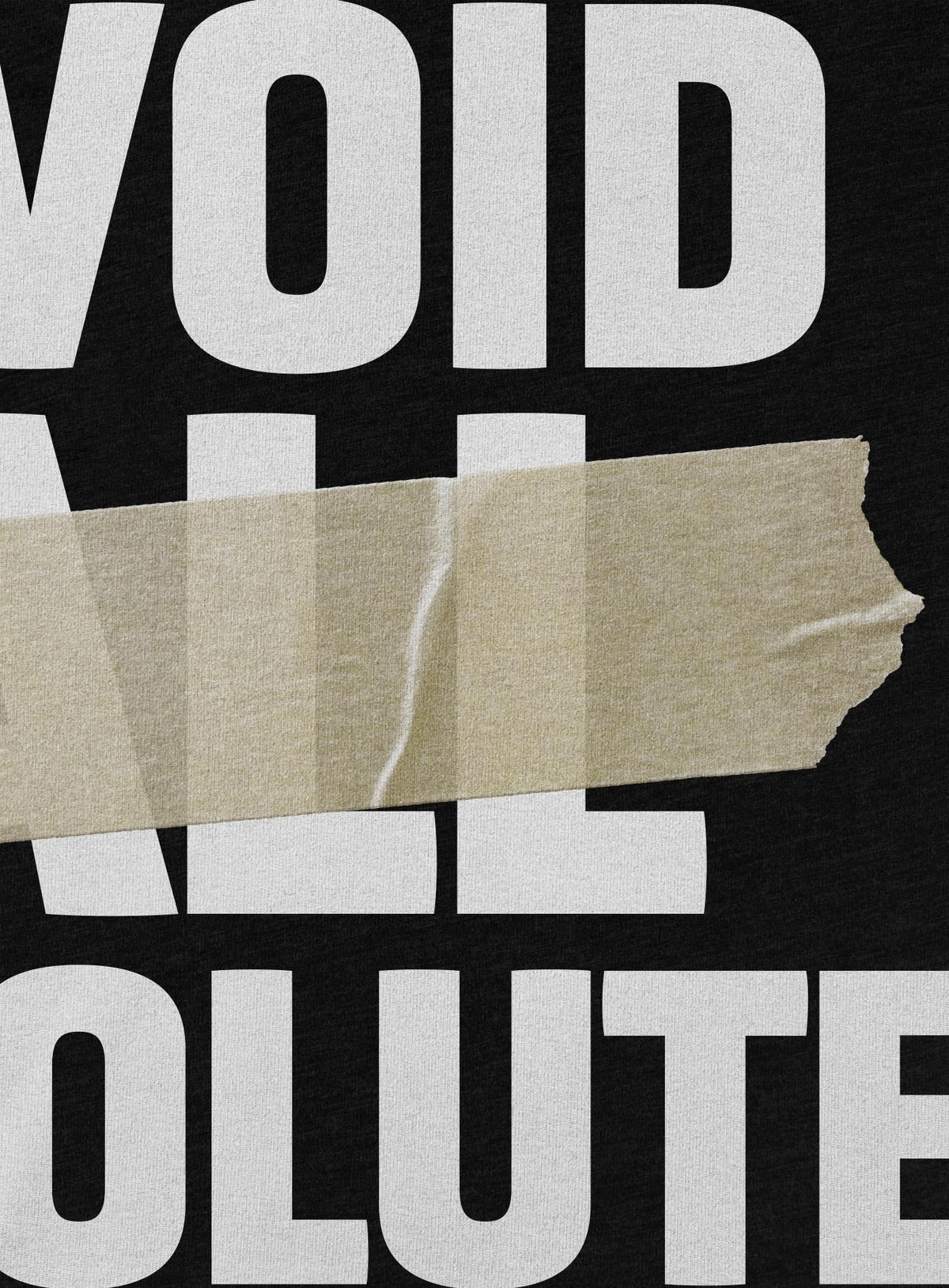 Detail of Black unisex t-shirt featuring the paradoxical phrase &quot;avoid all absolutes&quot; and the moghoul logo.