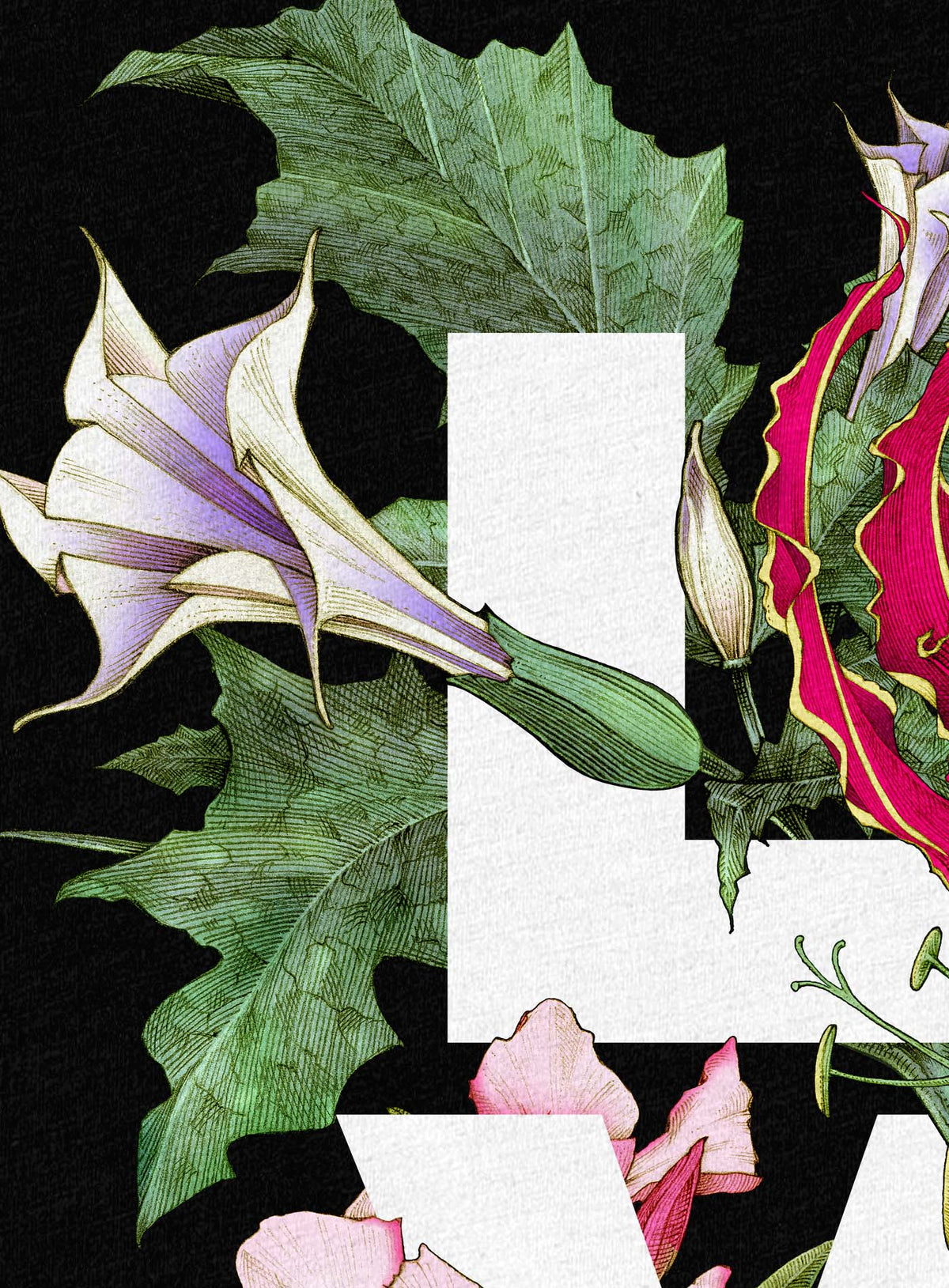 Detail of Black unisex t-shirt featuring the word LOVE surrounded by poisonous flowers such as oleander, fire lily, belladonna and toloache.