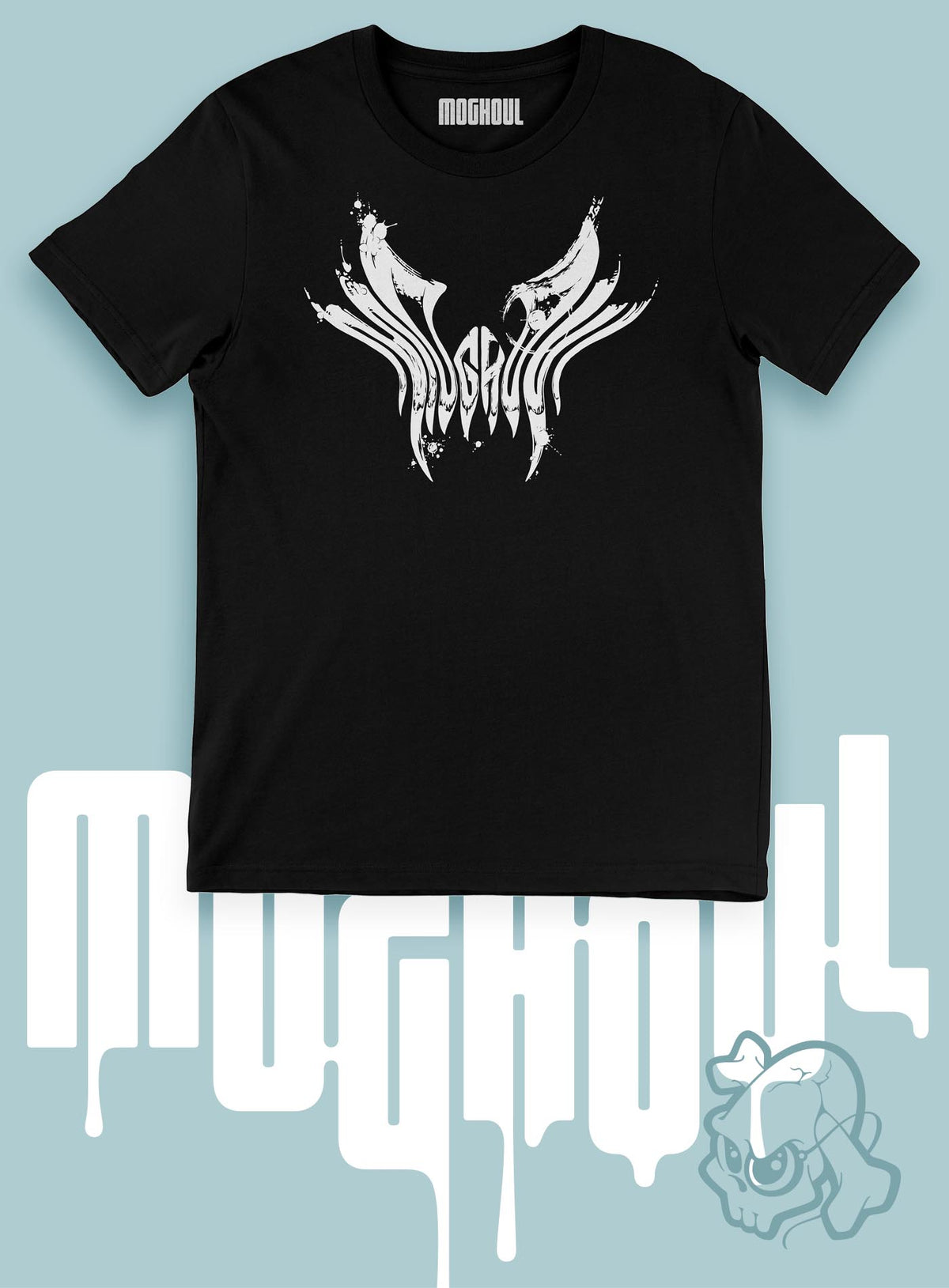 Black unisex t-shirt featuring a front print of the black Mr. Splatter Moghoul logo by Sasha Sidorovich.