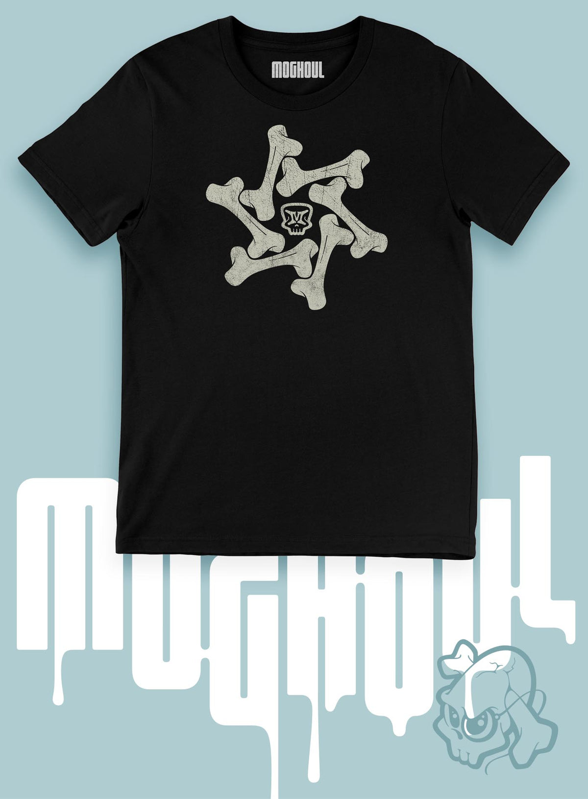 Heather black unisex t-shirt featuring a front print of the Moghoul symbol surrounded by a star of bones.