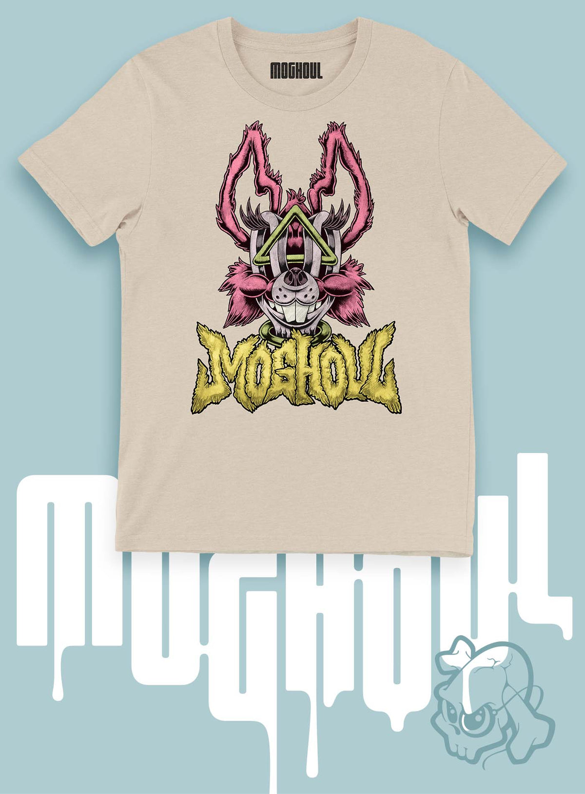 Heather beige unisex t-shirt featuring a front print of a dog and the Moghoul logo rendered in urban art style by Jason Hankins aka Jazmo.