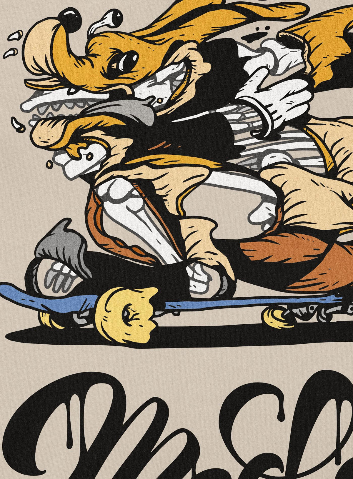 Detail of a Heather beige unisex t-shirt featuring a front print of Doom Dawg by street artist Carson Ting, and the Moghoul logo.