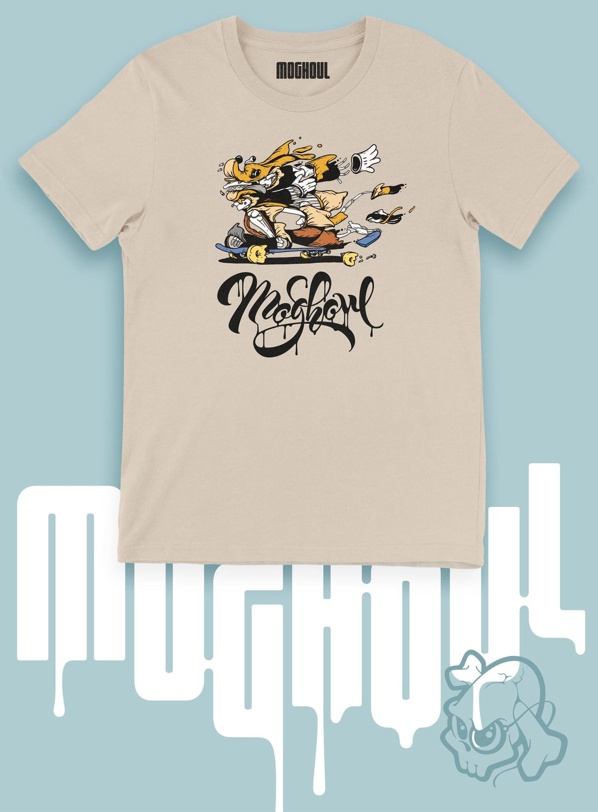 Heather beige unisex t-shirt featuring a front print of Doom Dawg by street artist Carson Ting, and the Moghoul logo.