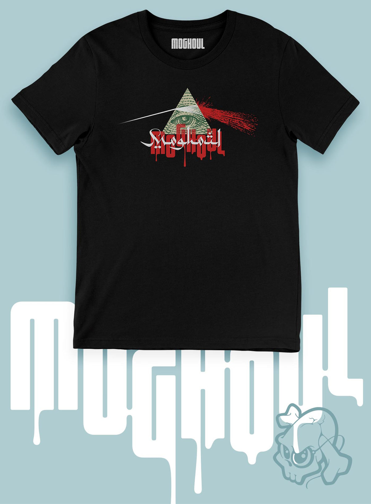 Black unisex t-shirt featuring a visual mashup of Dark Side of the Moon and the Eye of Providence.