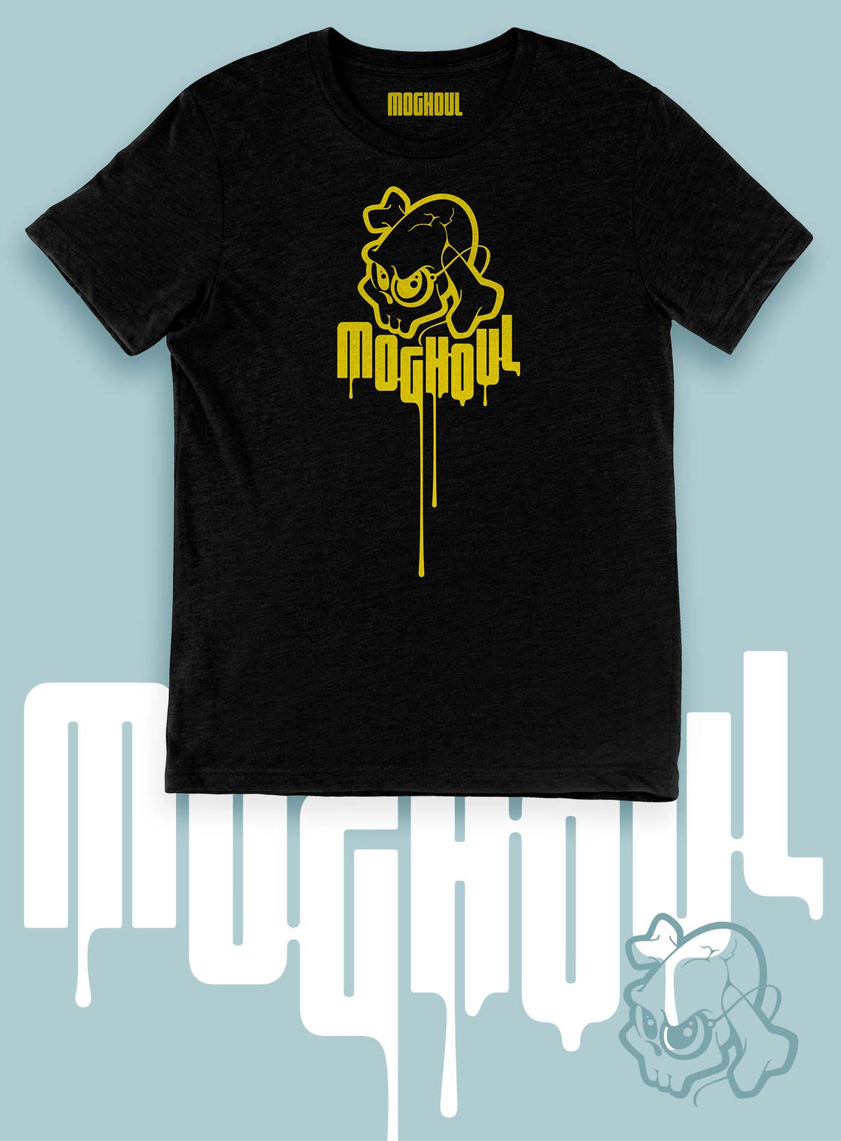 Heather black unisex t-shirt featuring a yellow Mr. Shade Moghoul logo by G.M. Meave.