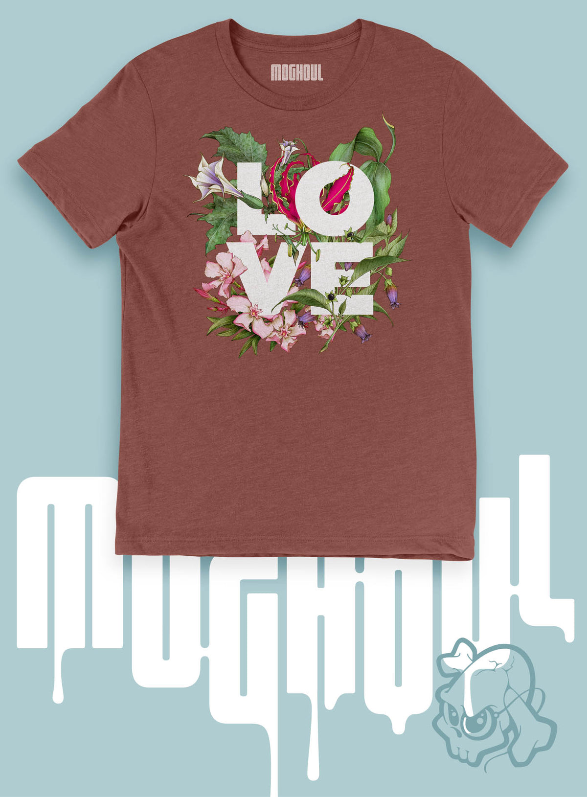 Heather brown unisex t-shirt featuring the word LOVE surrounded by poisonous flowers such as oleander, fire lily, belladonna and toloache.