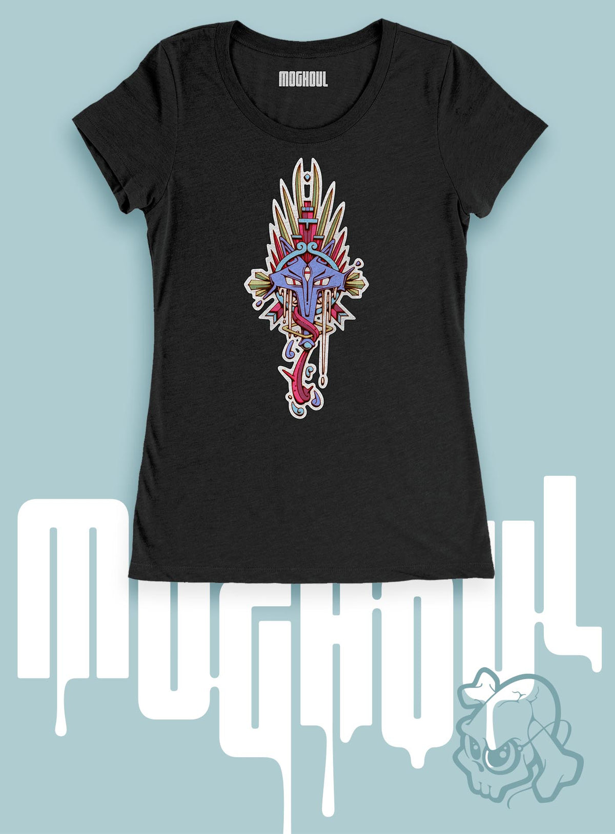 Heather black t-shirt featuring a front print of the Toltec and Aztec coyote deity illustrated by G.M. Meave.