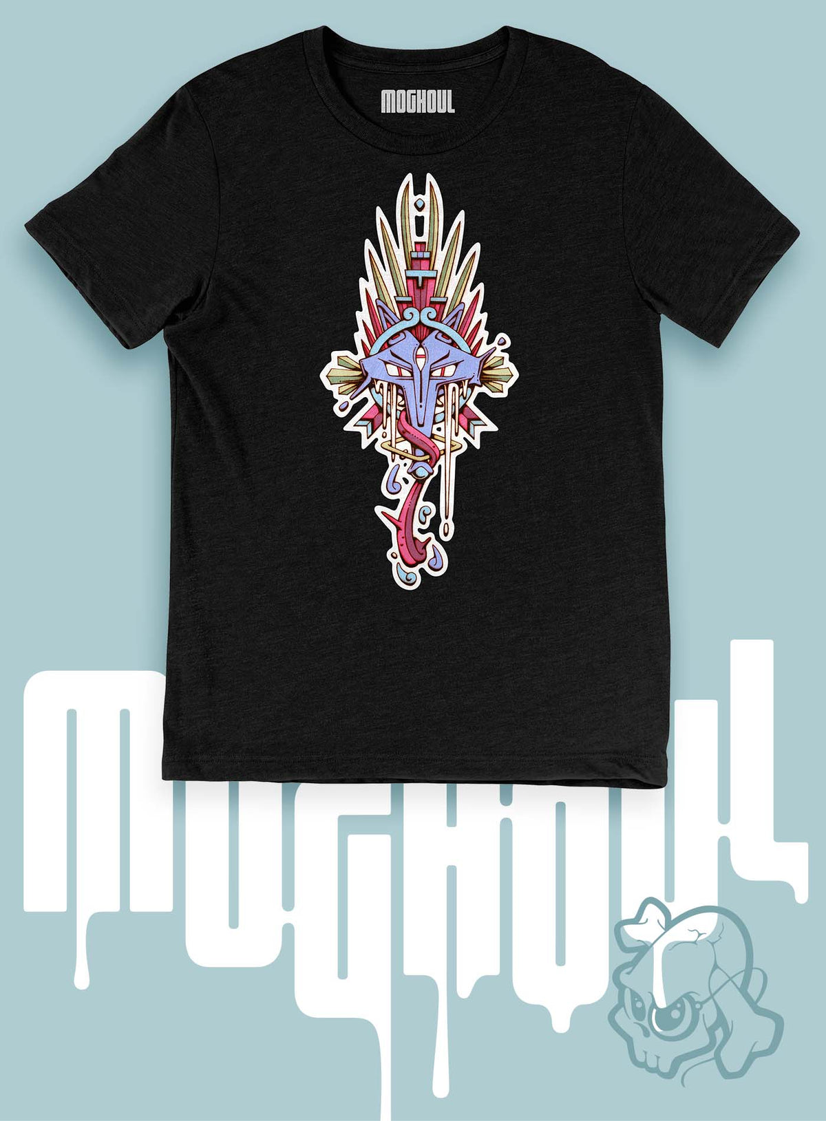 Heather black unisex t-shirt featuring a front print of the Toltec and Aztec coyote deity illustrated by G.M. Meave.