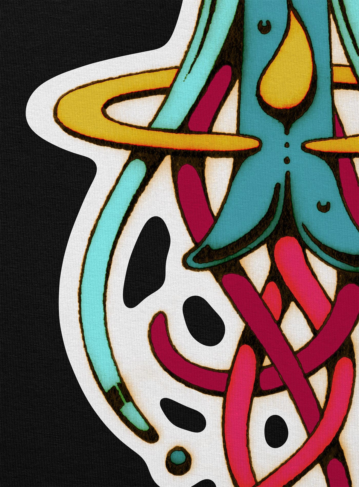 Detail of all over dye sublimation leggings featuring a print of the Toltec-Aztec goddess of grass illustrated by G.M. Meave