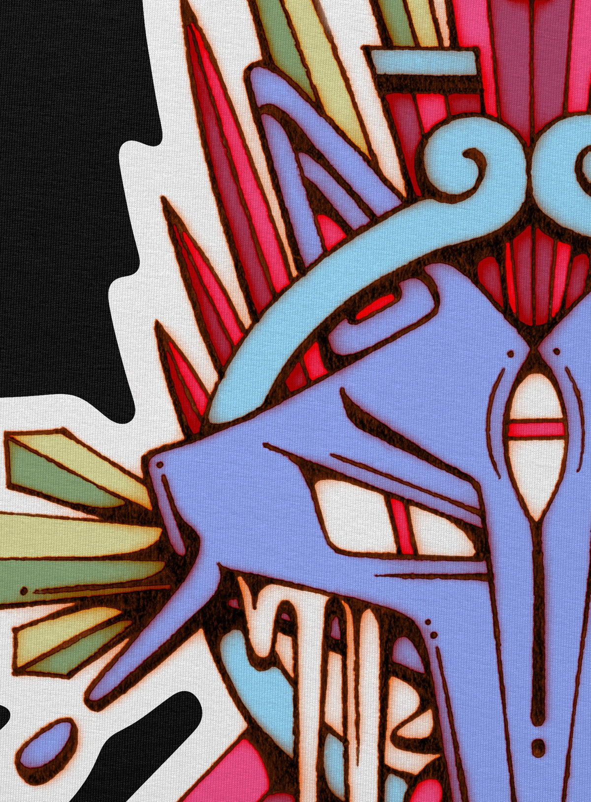 Detail of All over dye sublimation leggings featuring a print of the Toltec and Aztec coyote deity illustrated by G.M. Meave.