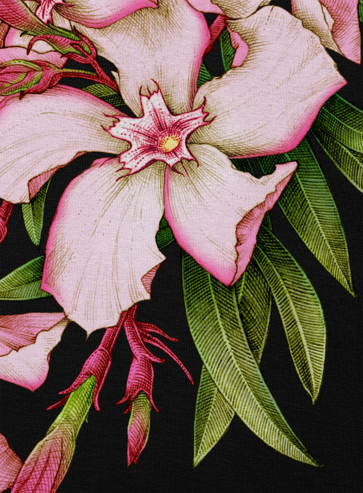 Detail of Black woman&#39;s all over dye sublimation leggings featuring poisonous flowers such as oleander, fire lily, belladonna and toloache. illustrated by G.M. Meave