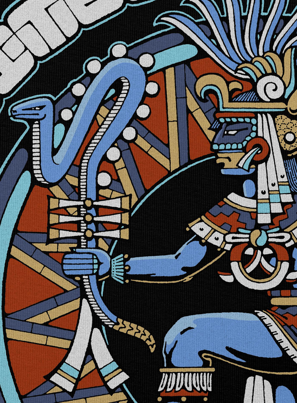 Detail of black unisex hoodie featuring a front print of the toltec-aztec god Tezcatlipoca also known as Huitzilopochtli. Reinterpretation by Mexican illustrator G.M. Meave.