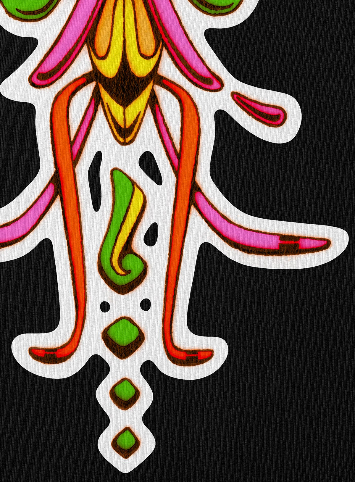 Detail of all over dye sublimation leggings featuring a front print of the Toltec-Aztec hummingbird deity illustrated by G.M. Meave.