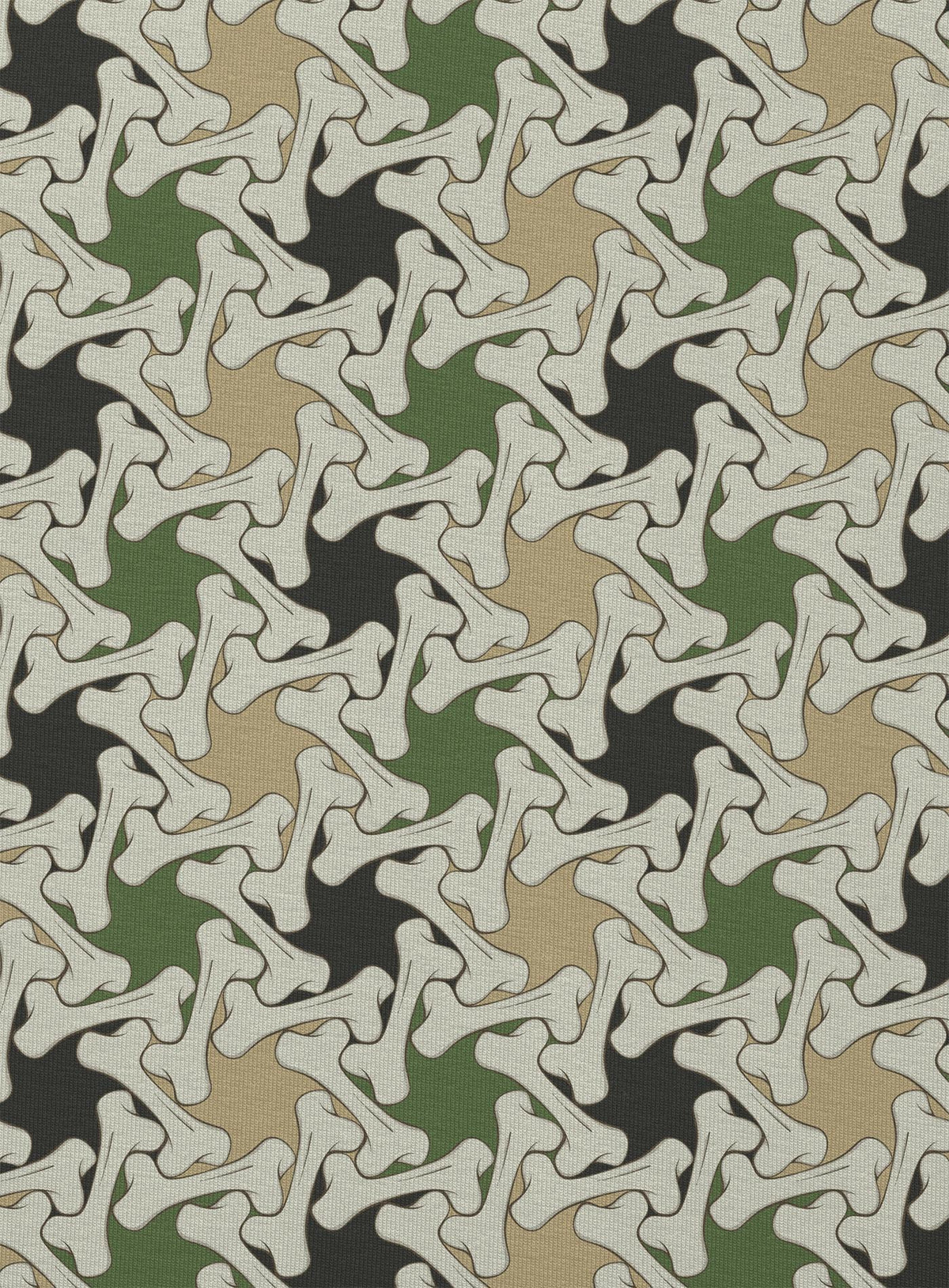 Detail of an All over dye sublimation t-shirt featuring a patter of bones based on Islamic ornamental art in green colors.