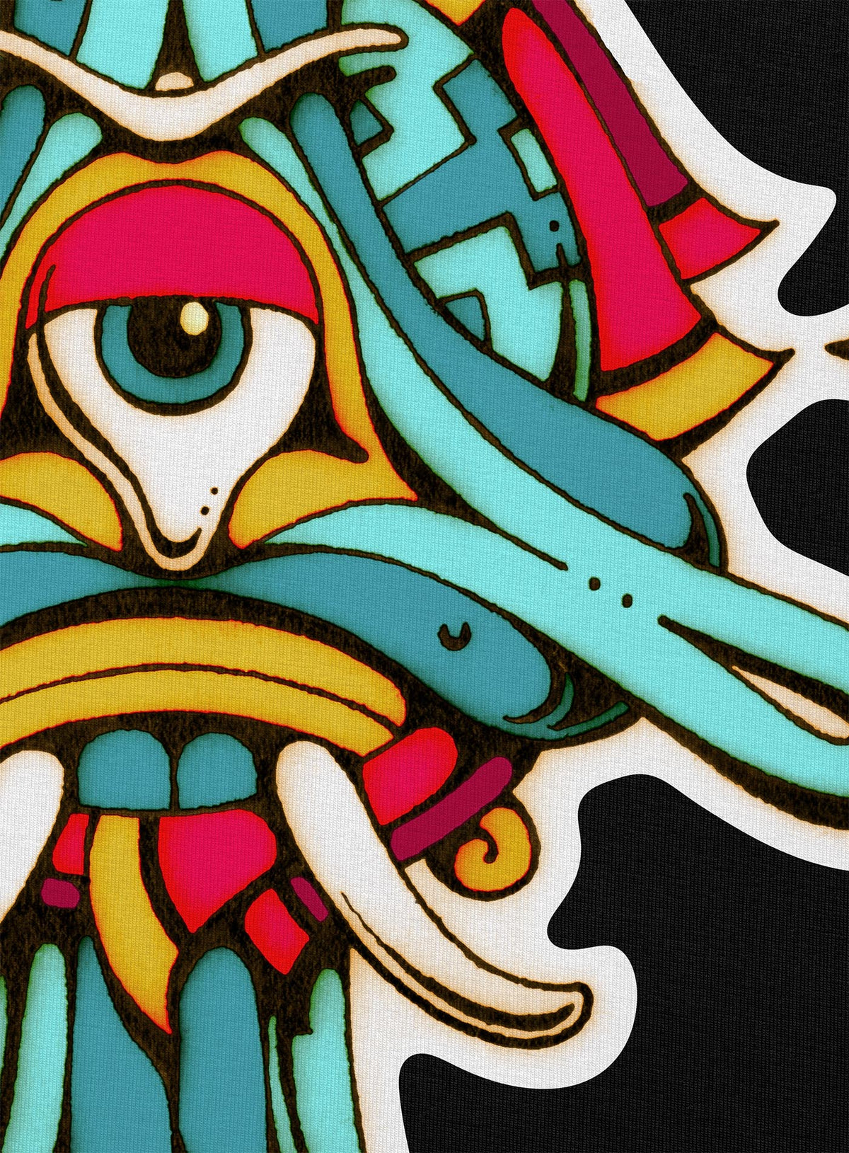 Detail of all over dye sublimation leggings featuring a print of the Toltec-Aztec goddess of grass illustrated by G.M. Meave