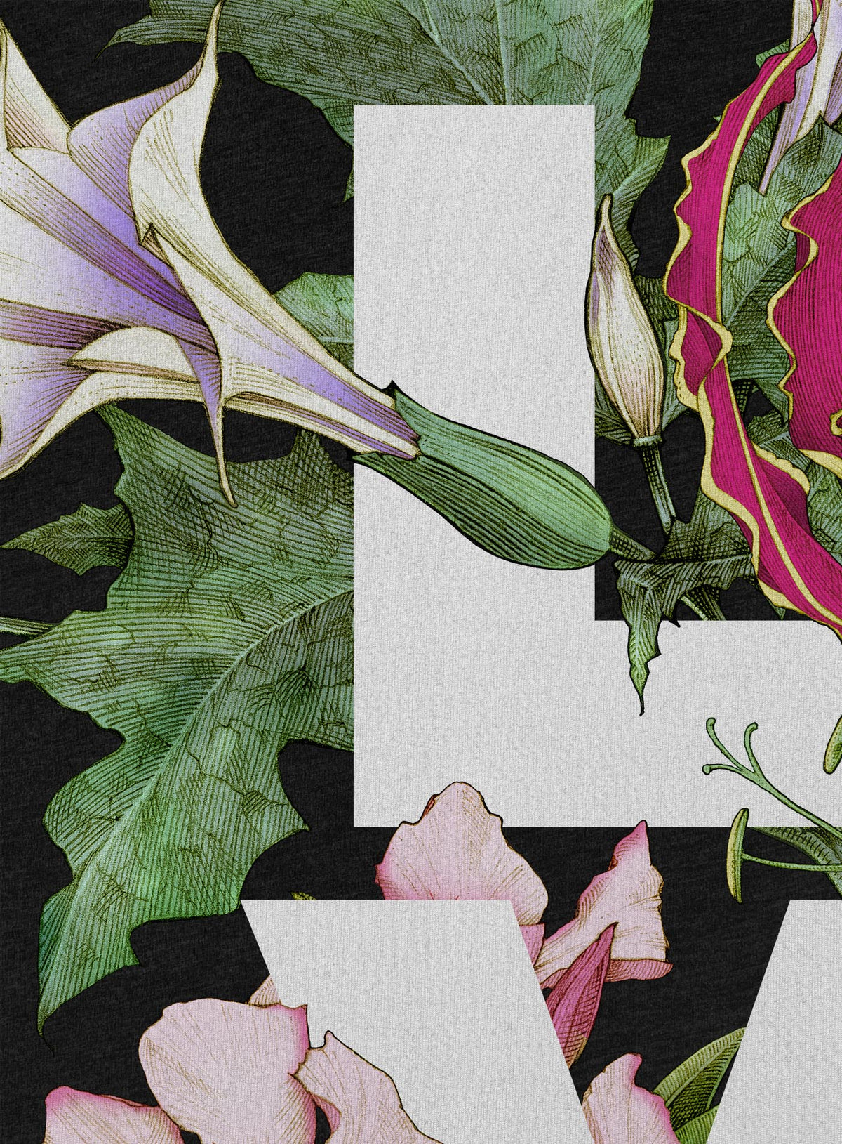 Detail of a Black women&#39;s t-shirt featuring the word LOVE surrounded by poisonous flowers such as oleander, fire lily, belladonna and toloache.