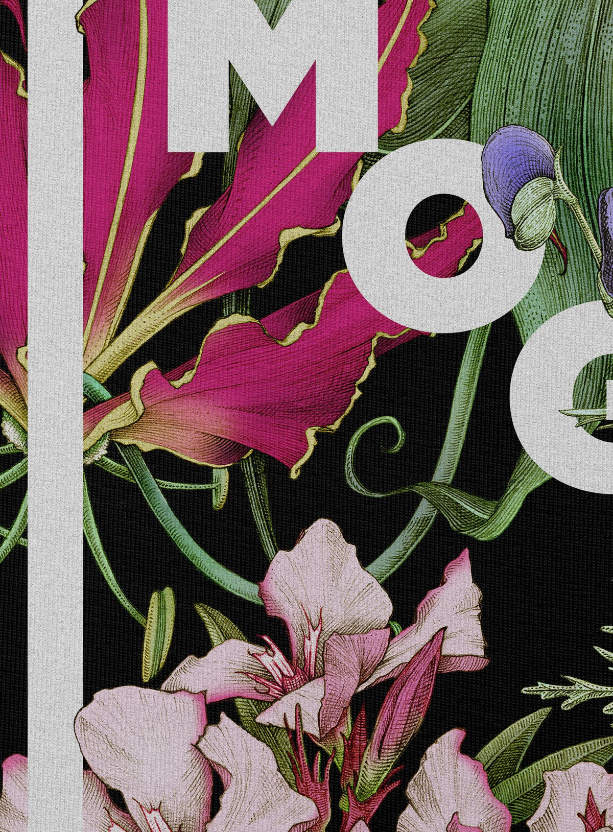 Detail of Black unisex hoodie featuring white Moghoul logo surrounded by poisonous flowers such as oleander, fire lily, belladonna and toloache.