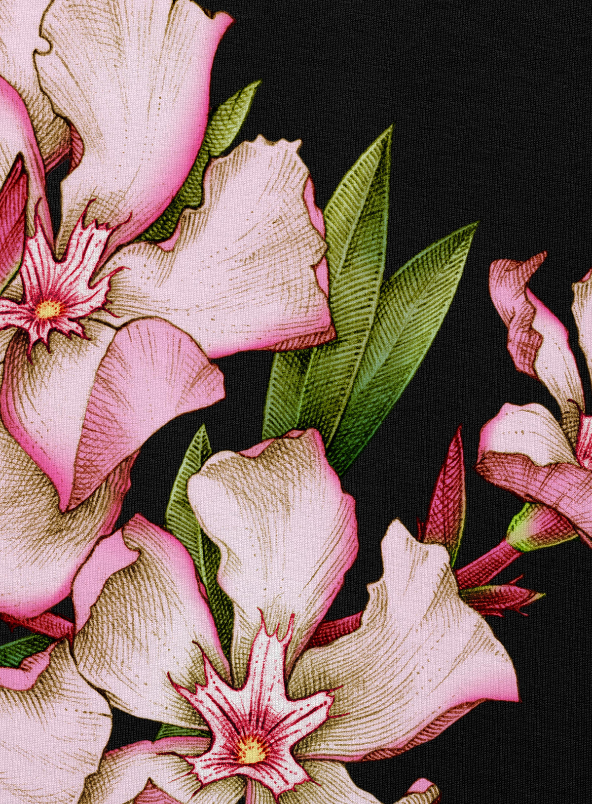 Detail of All over dye sublimation t-shirt featuring the poisonous flower Oleander. Illustrated by G.M. Meave.