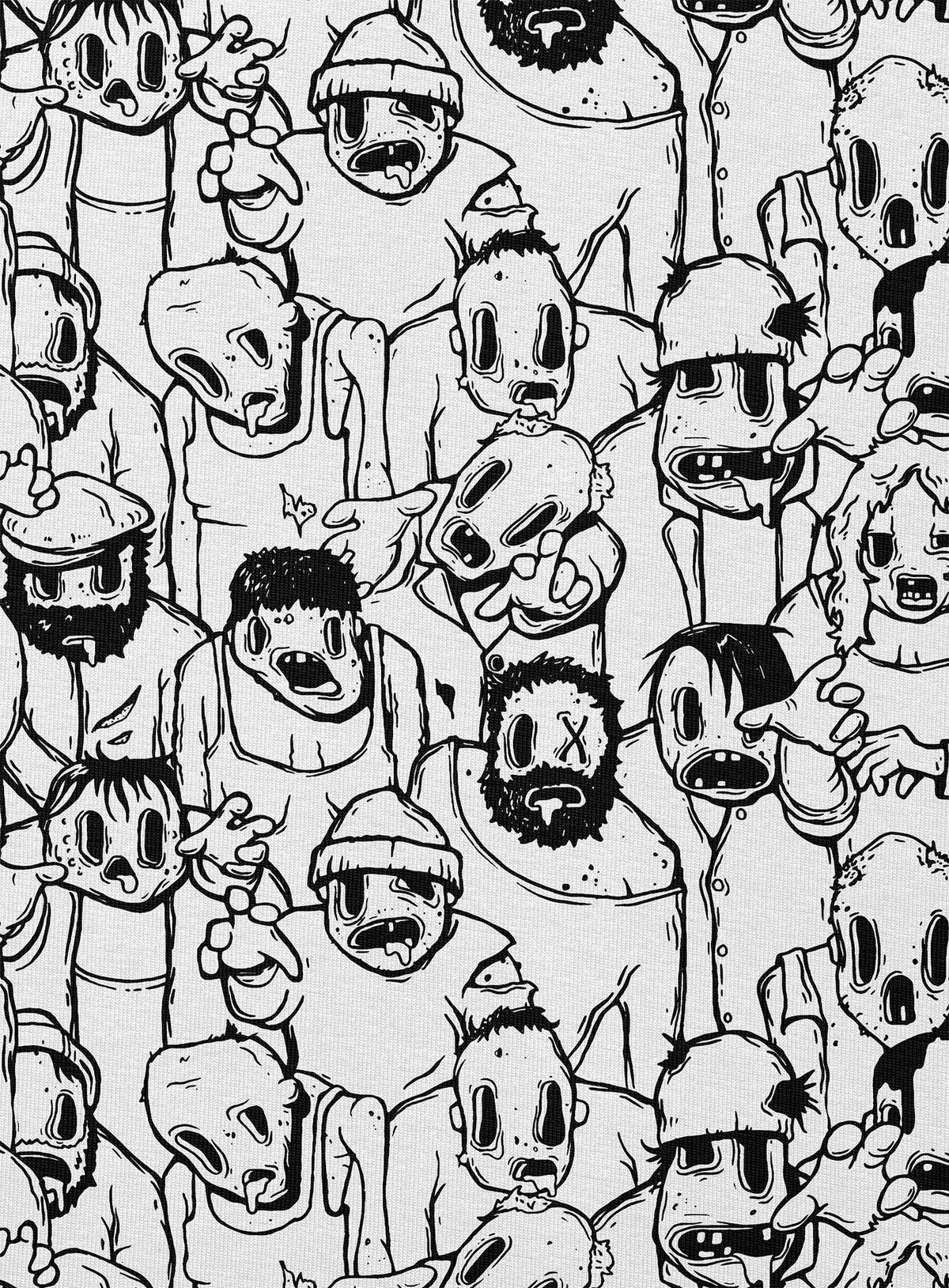 Detail of All over dye sublimation t-shirt featuring retro illustrated zombies by Sasha Sidorovich.