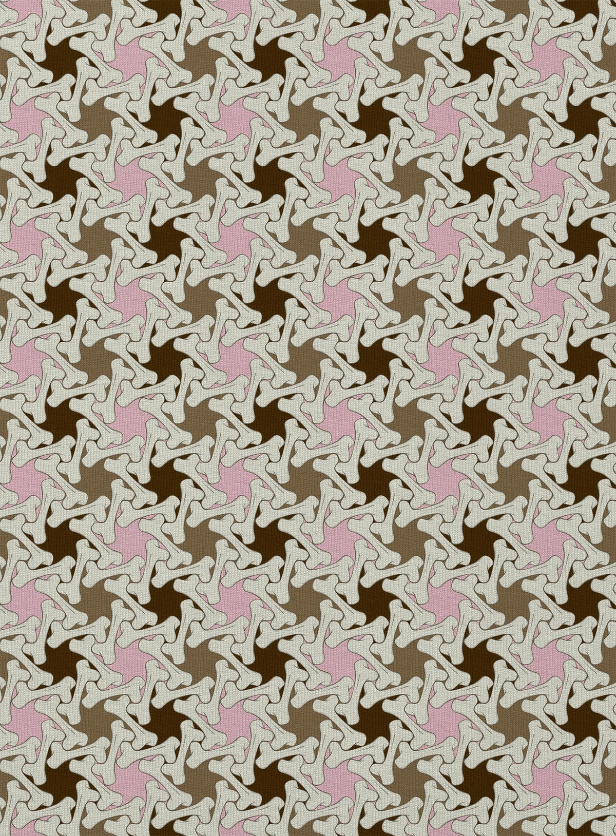 Detail of All over dye sublimation t-shirt featuring a patter of bones based on Islamic ornamental art in brown and pink colors.