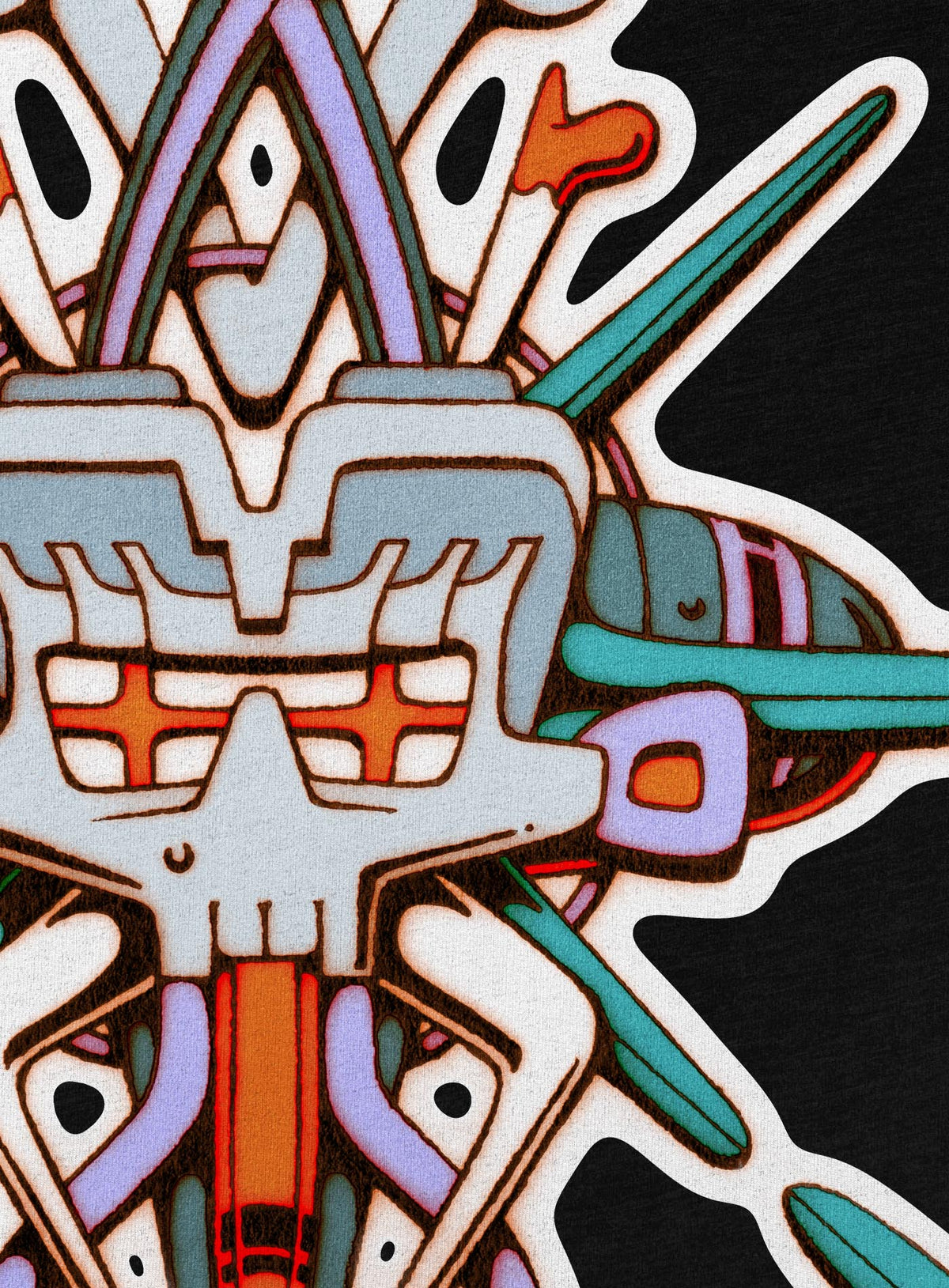 Detail of Heather black unisex t-shirt featuring a front print of Tzontecotl, the Nahua word for skull, associated with a mask that submerged the wearer into the underworld. illustrated by G.M. Meave.