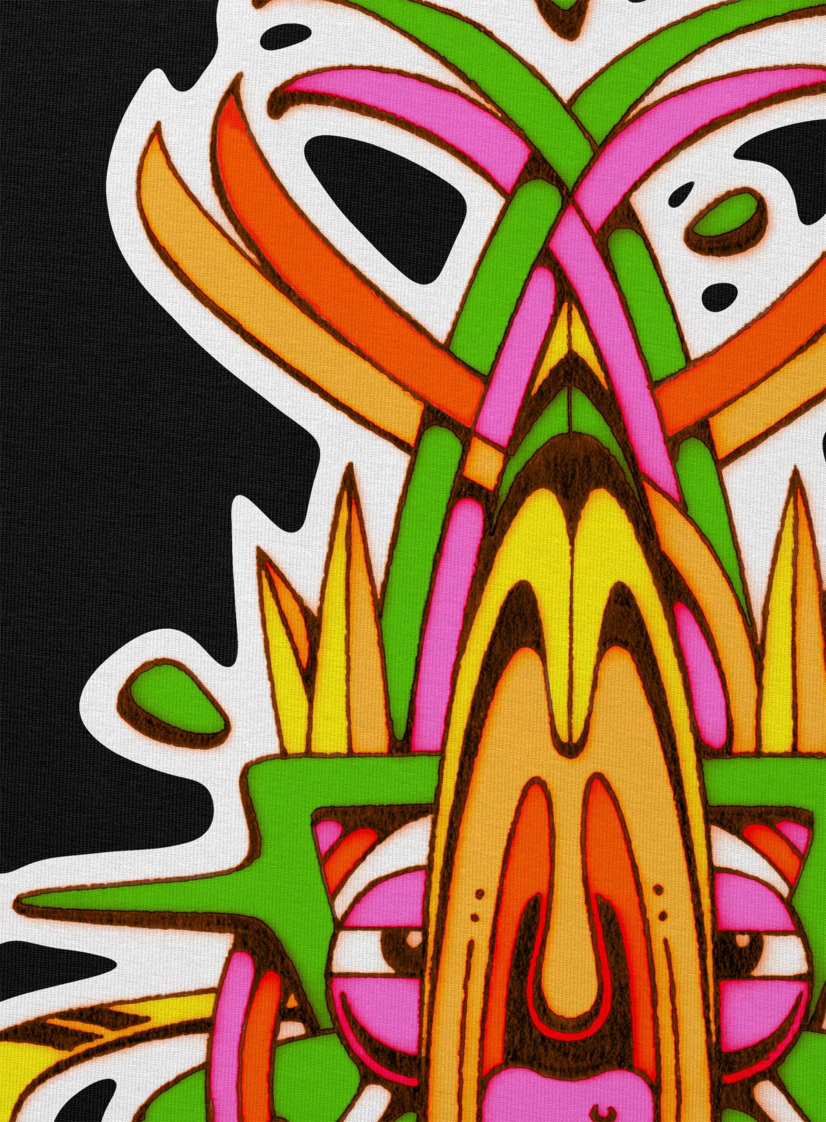 Detail of all over dye sublimation leggings featuring a front print of the Toltec-Aztec hummingbird deity illustrated by G.M. Meave.