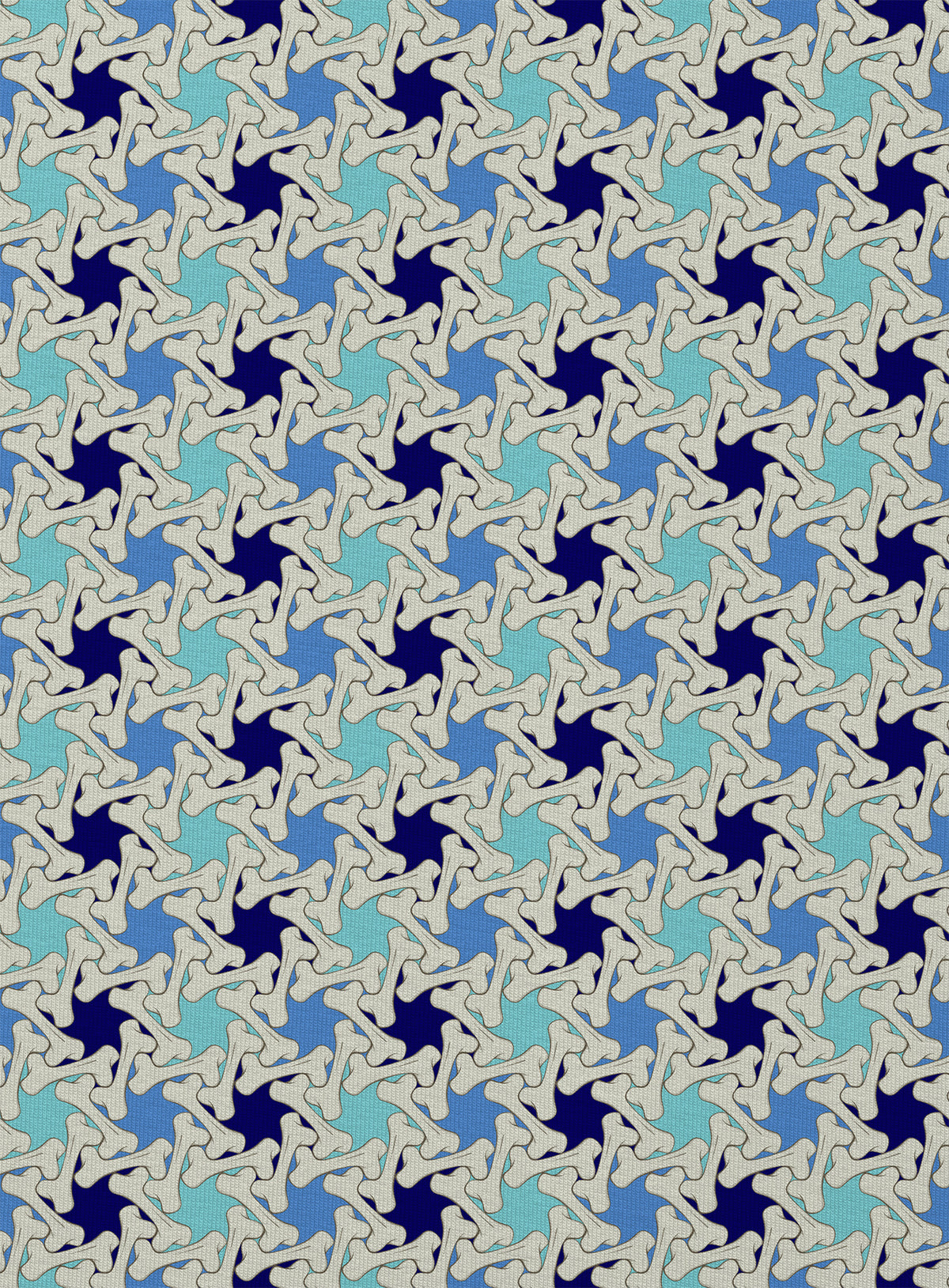 Detail of an All over dye sublimation t-shirt featuring a patter of bones based on Islamic ornamental art in blue colors.