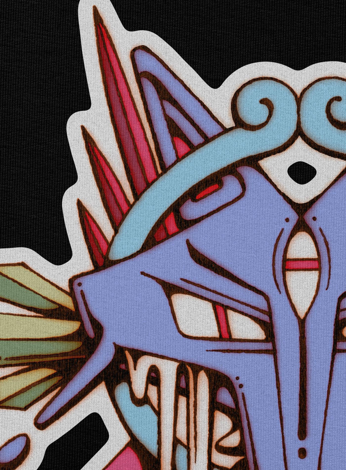 Detail of Black woman&#39;s cropped hoodie featuring a front print of the Toltec and Aztec coyote deity illustrated by G.M. Meave.