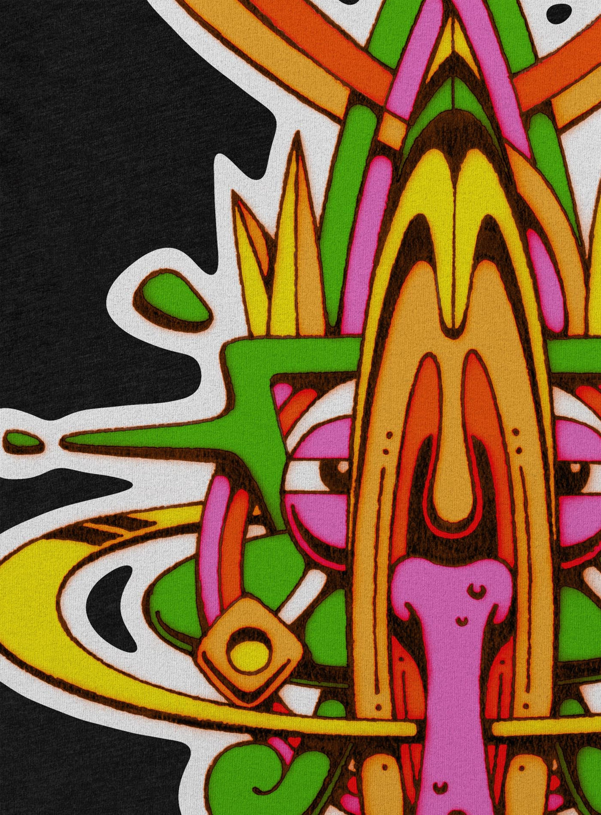 Detail of heather black woman&#39;s t-shirt featuring a front print of the Toltec-Aztec hummingbird deity illustrated by G.M. Meave.