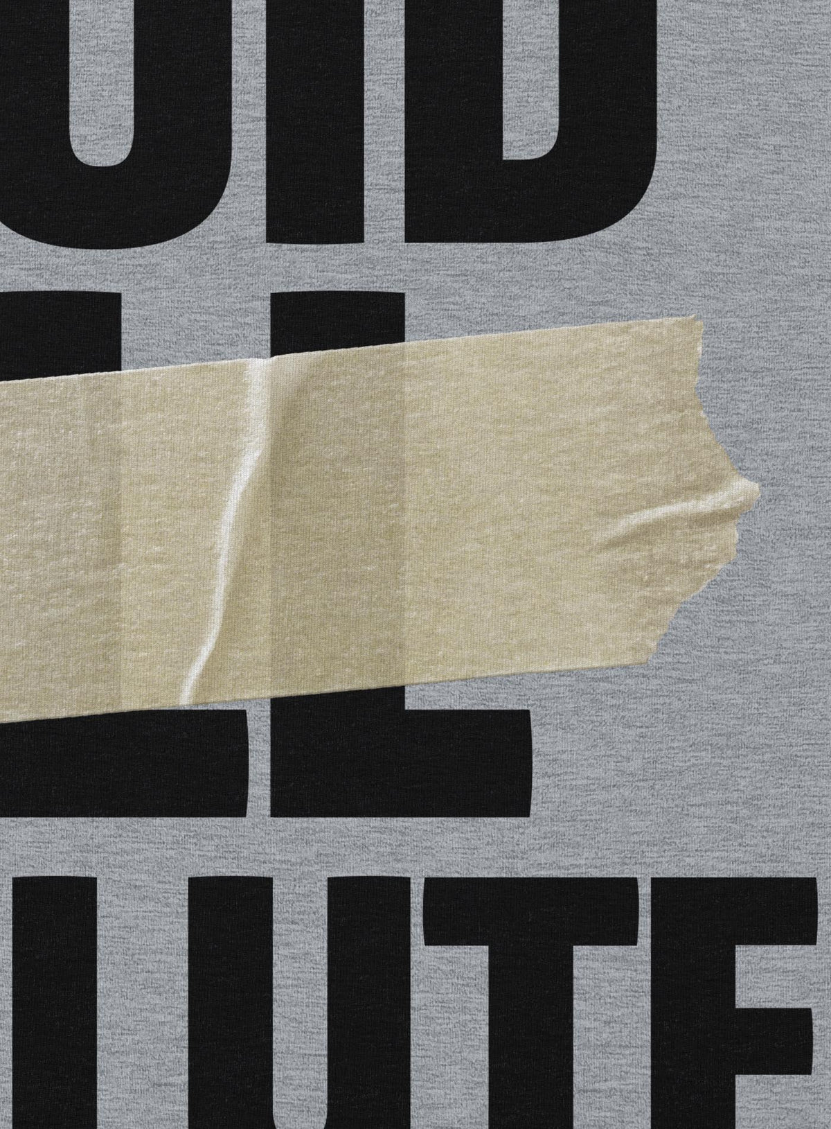 Detail fo Heather grey unisex reglan t-shirt featuring the paradoxical phrase &quot;avoid all absolutes&quot; and the moghoul logo.