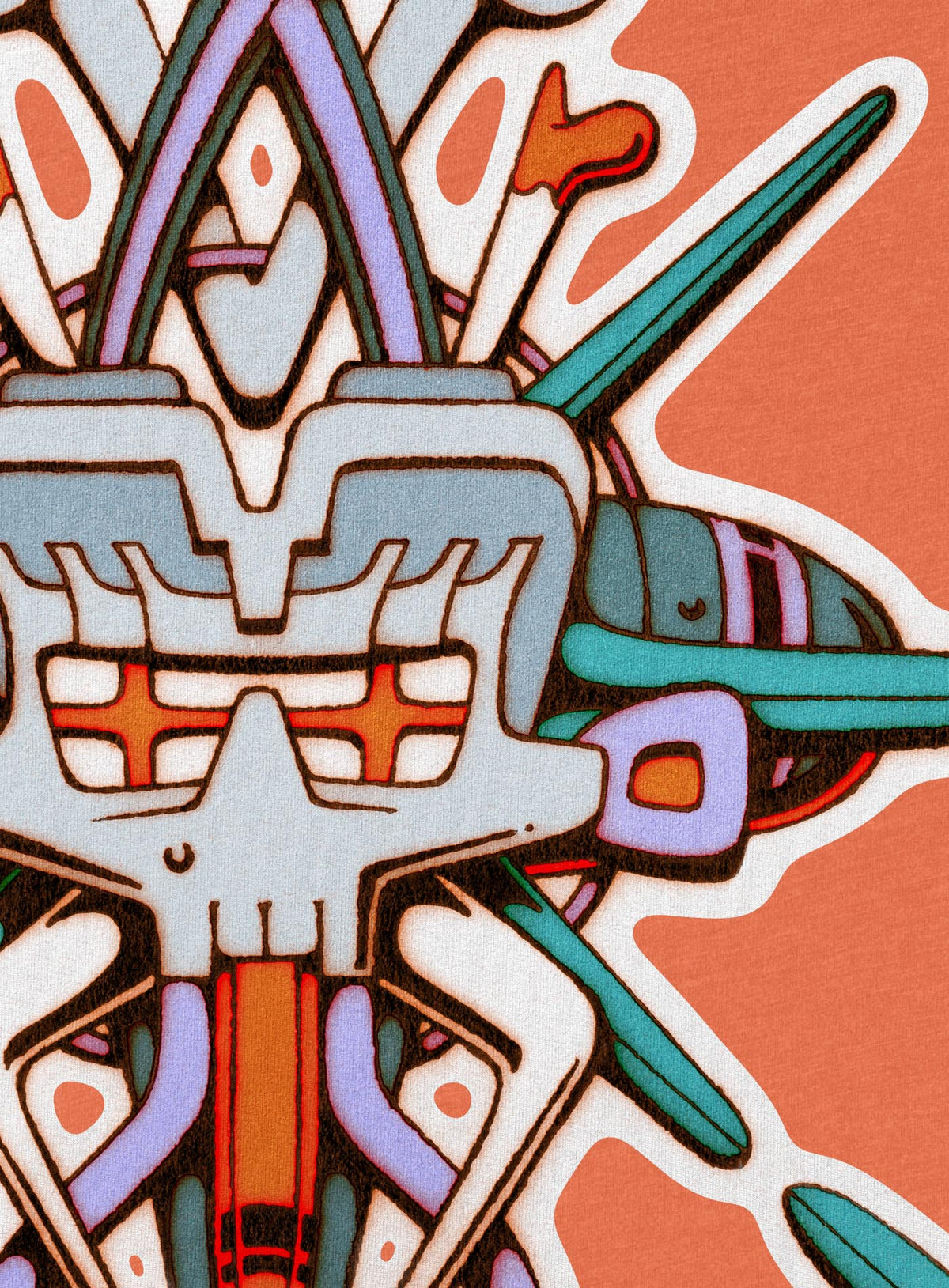 Detail of Heather orange unisex t-shirt featuring a front print of Tzontecotl, the Nahua word for skull, associated with a mask that submerged the wearer into the underworld. illustrated by G.M. Meave.