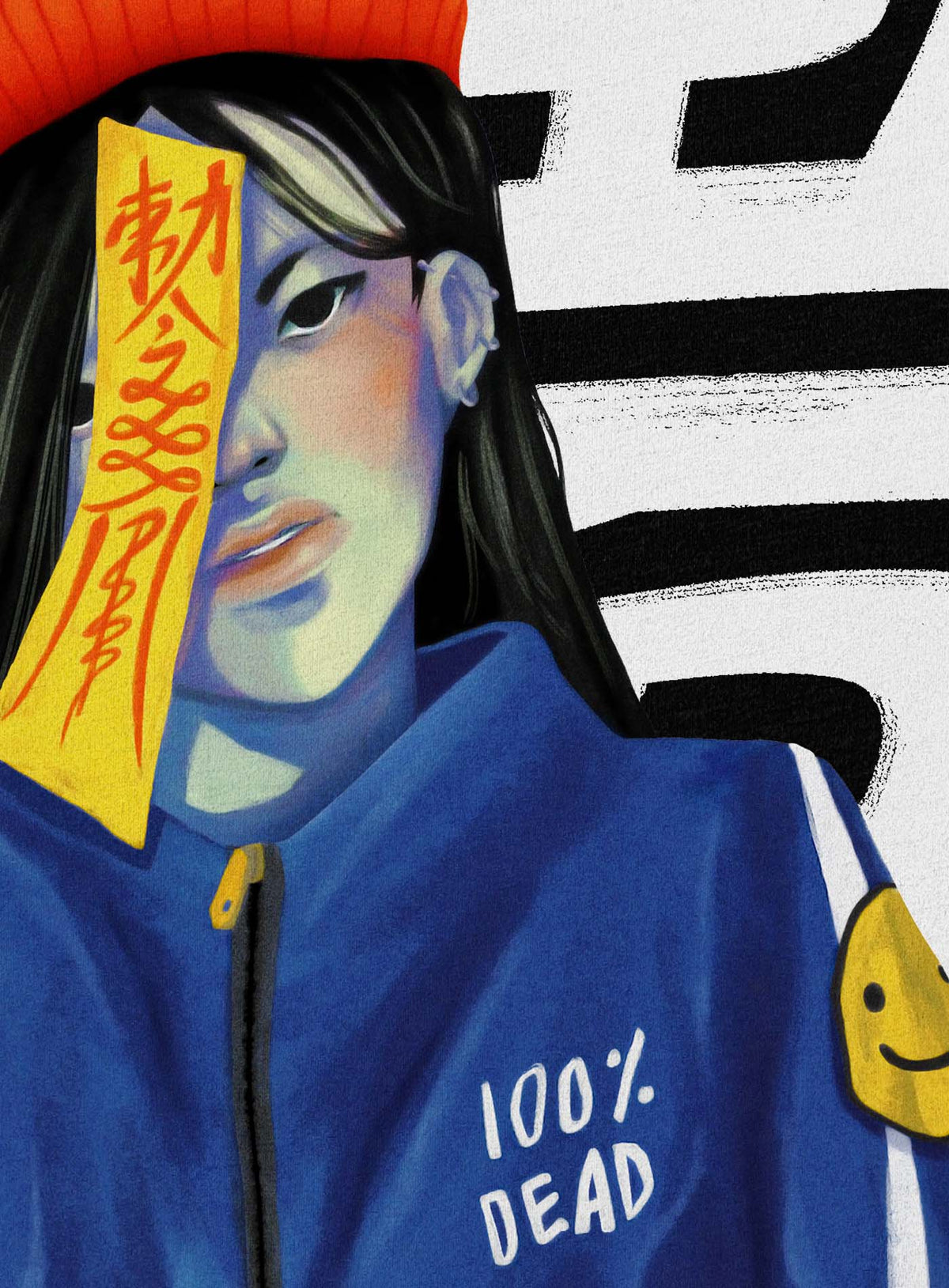 Detail of Heather black unisex t-shirt featuring a front print of a jiangshi Chinese zombie in urban outfit illustrated by Aiken Lao.