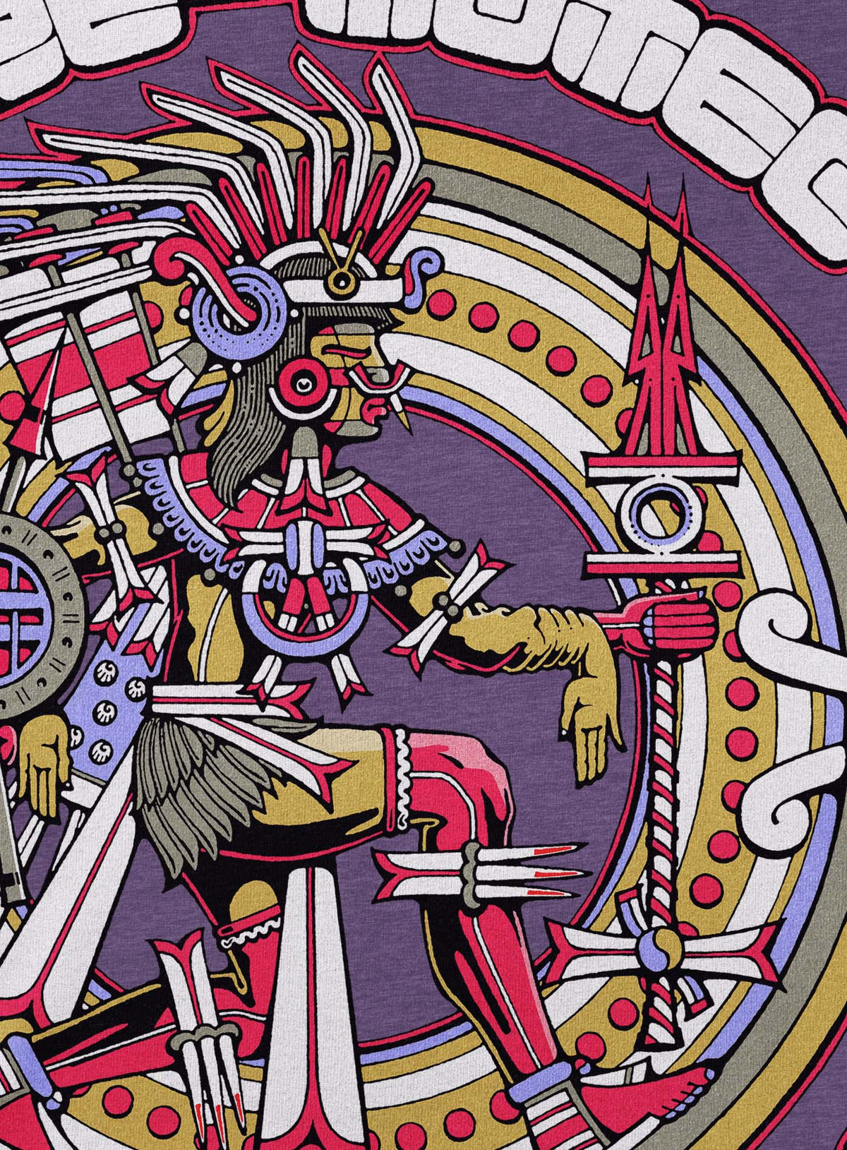 Detail of Heather purple unisex t-shirt featuring a front print of the toltec-aztec god Tlatlauhqui-Tezcatlipoca also known as Xipe-Totec. Reinterpretation by Mexican illustrator G.M. Meave.