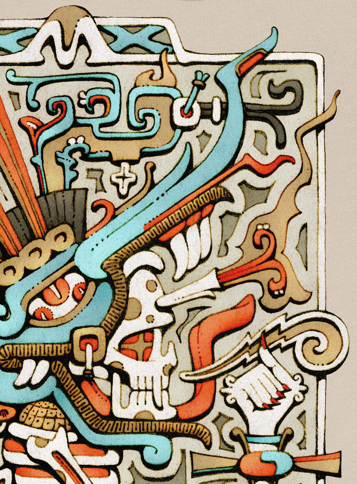Detail of Heather beige unisex t-shirt featuring a front print of the Aztec god Tezcatlipoca illustrated by G.M. Meave.