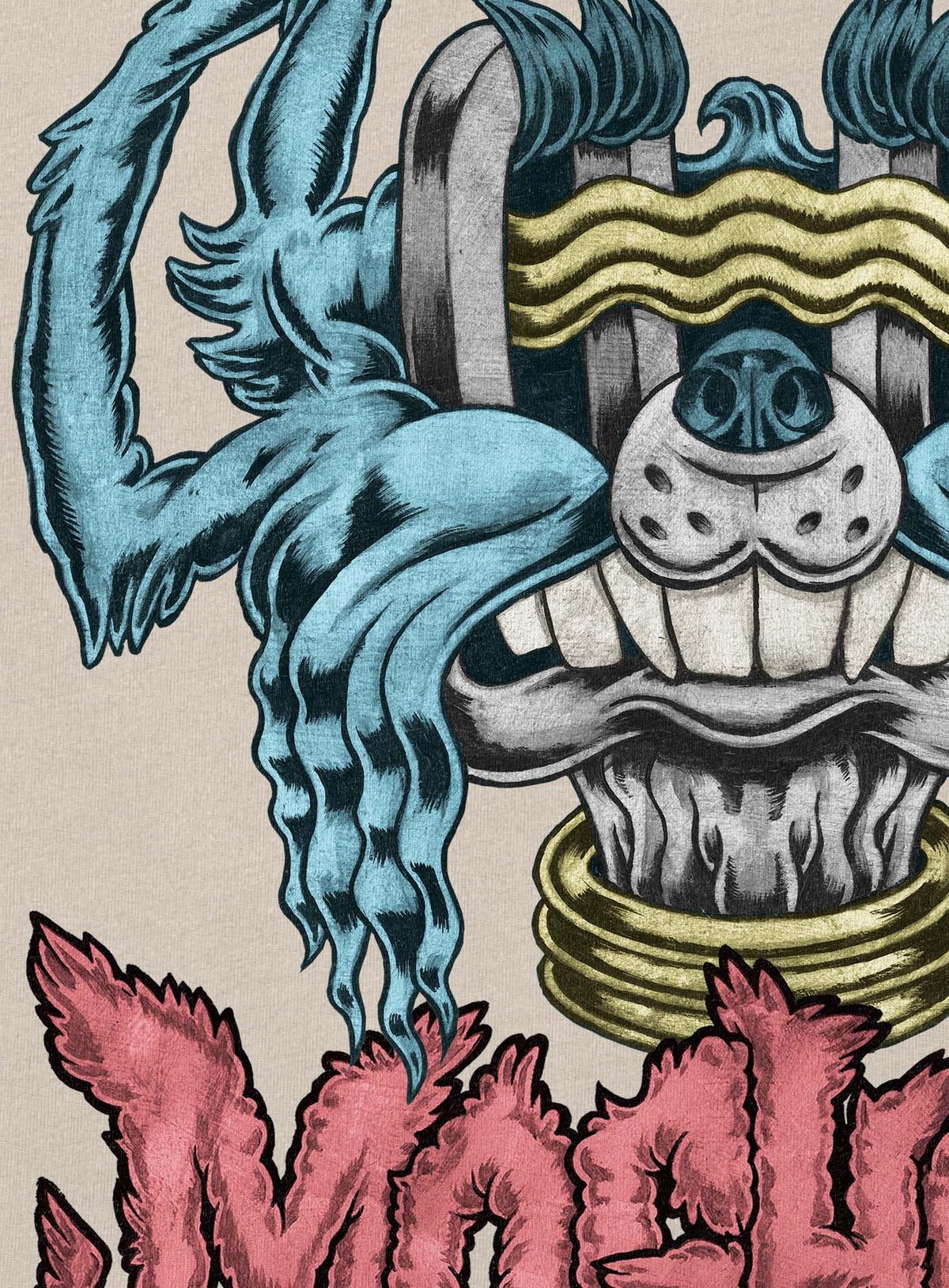 Detail of Heather beige unisex t-shirt featuring a front print of a dog and the Moghoul logo rendered in urban art style by Jason Hankins aka Jazmo.