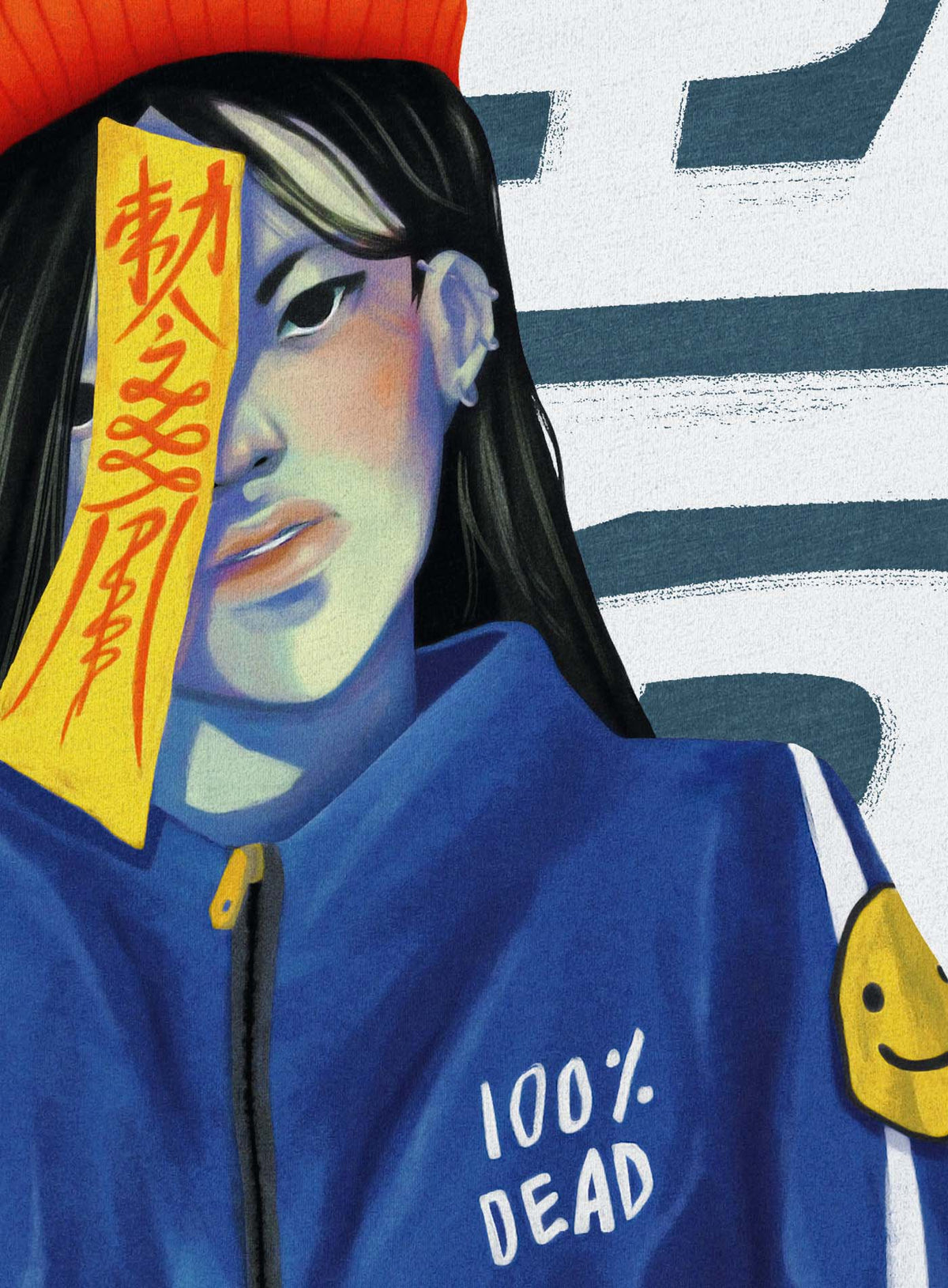 Detail of Heather blue unisex t-shirt featuring a front print of a jiangshi Chinese zombie in urban outfit illustrated by Aiken Lao.