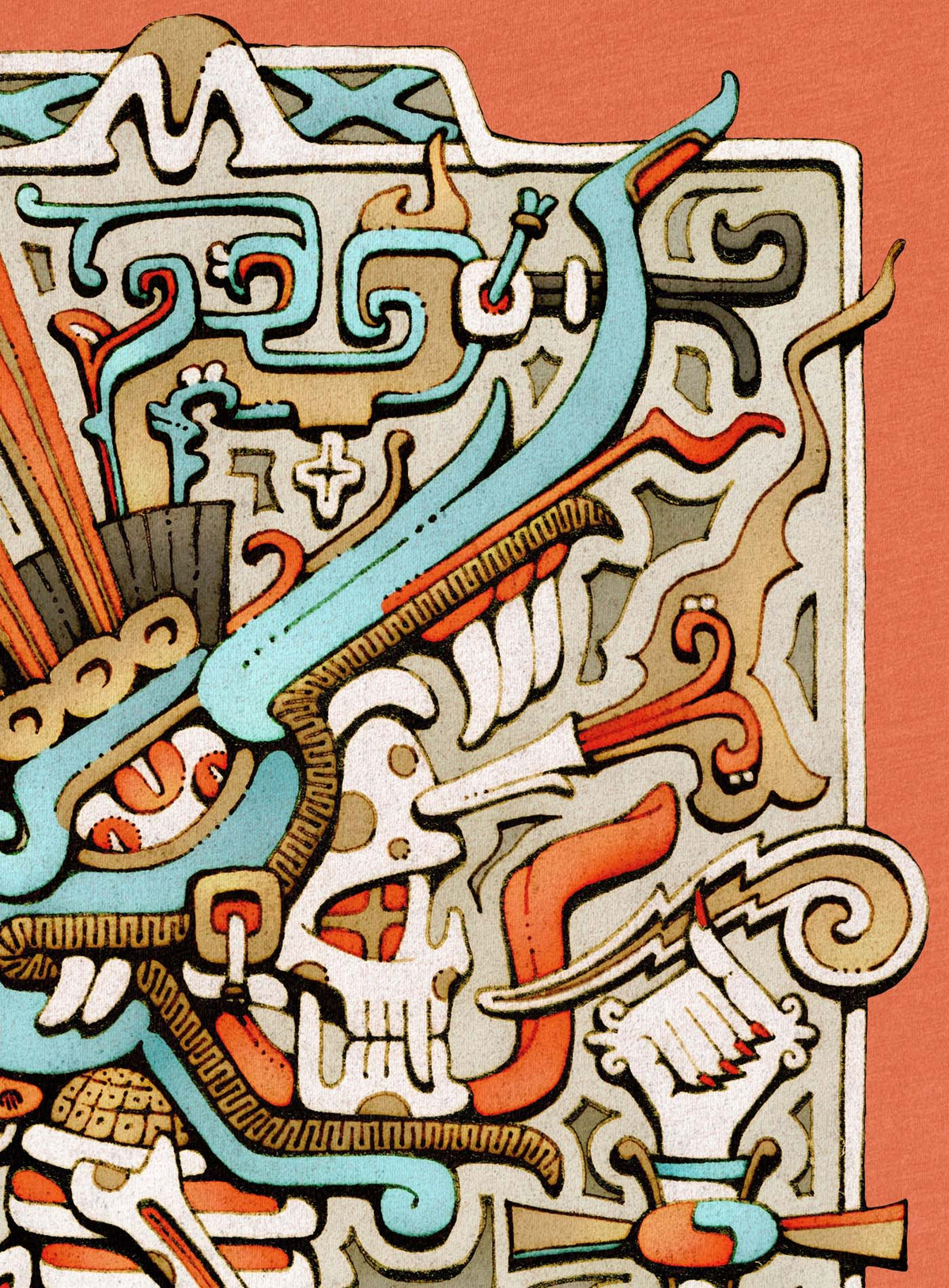 Detail of Heather orange unisex t-shirt featuring a front print of the Aztec god Tezcatlipoca illustrated by G.M. Meave.