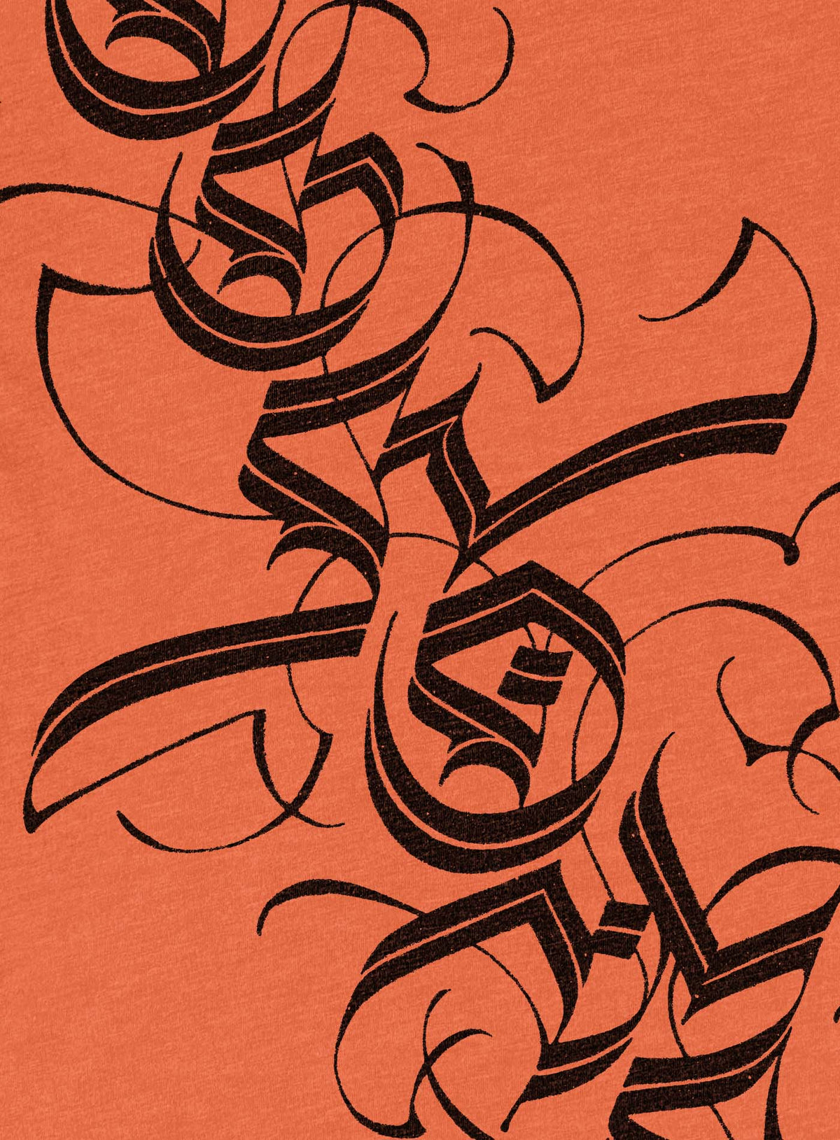 Detail of  Heather orange unisex t-shirt featuring a front print of a white Moghoul straight-up-gothic logo by Mexican typographer G.M. Meave.