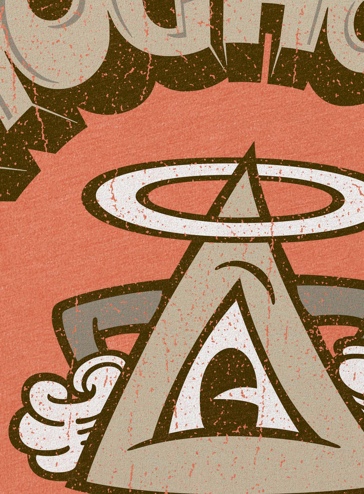 Detail of heather orange  unisex t-shirt featuring a front print of a cartoon character based on the mythical Eye of Providence. By Mexican illustrator G.M. Meave